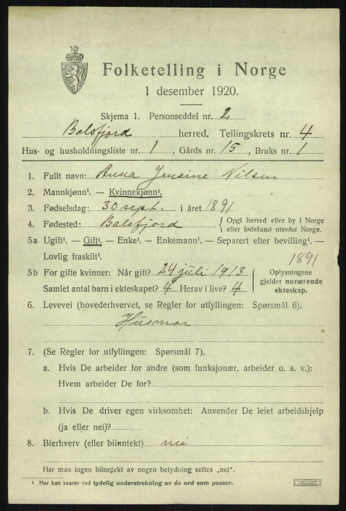SATØ, 1920 census for Balsfjord, 1920, p. 2701