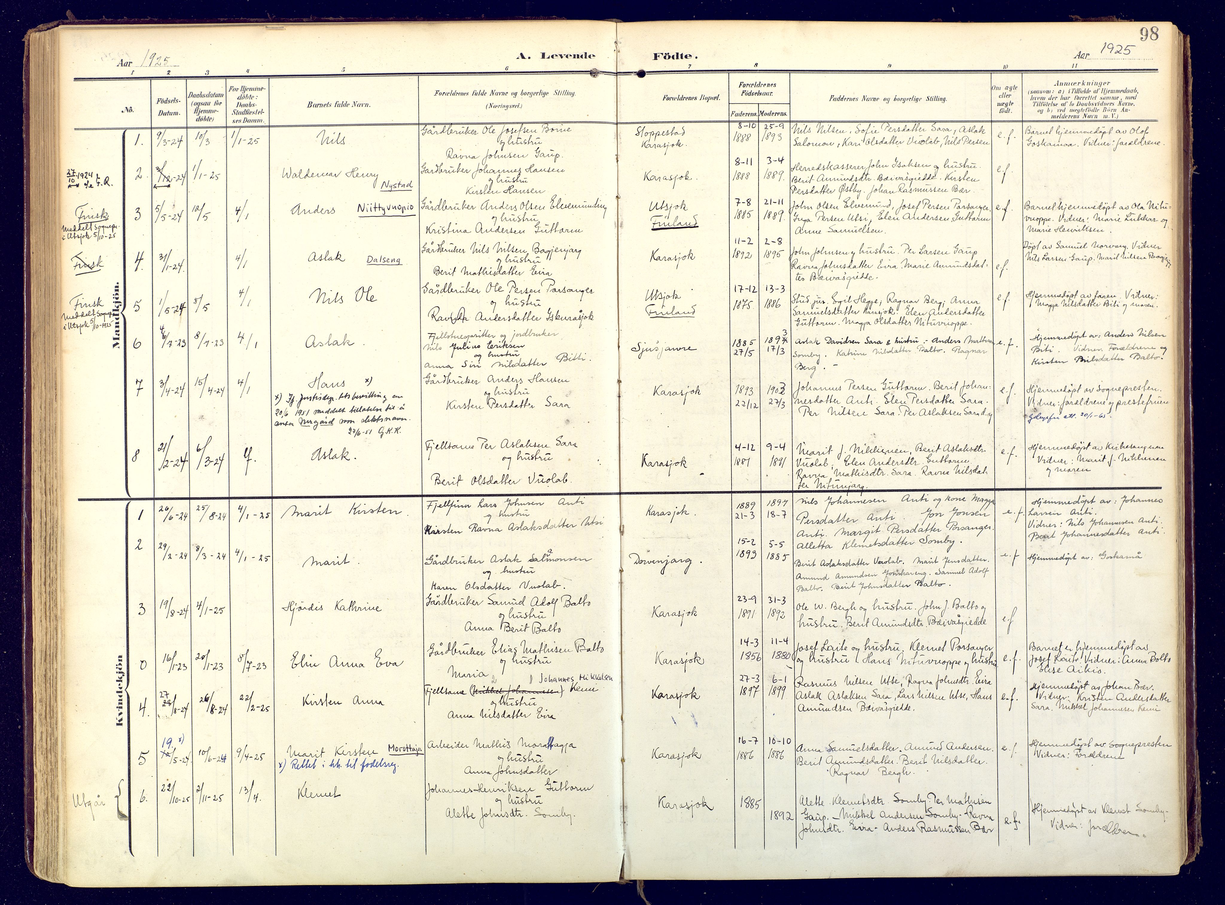 Karasjok sokneprestkontor, SATØ/S-1352/H/Ha: Parish register (official) no. 3, 1907-1926, p. 98