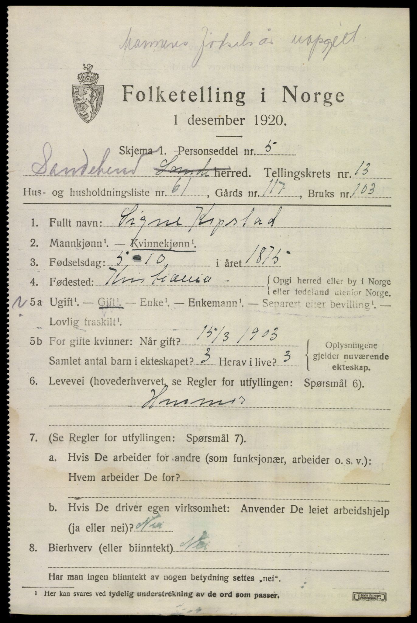 SAKO, 1920 census for Sandeherred, 1920, p. 20142