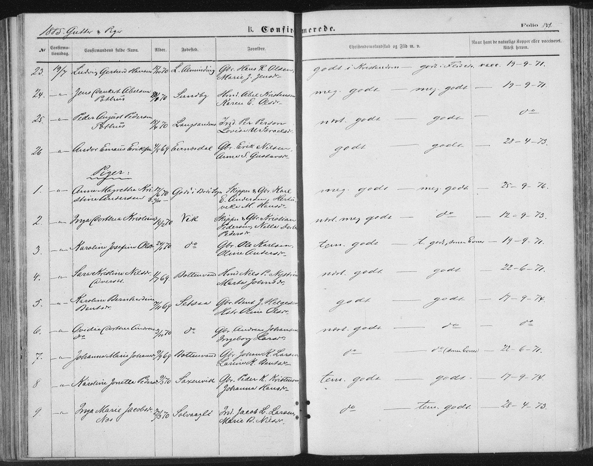 Ministerialprotokoller, klokkerbøker og fødselsregistre - Nordland, AV/SAT-A-1459/847/L0668: Parish register (official) no. 847A08, 1872-1886, p. 171