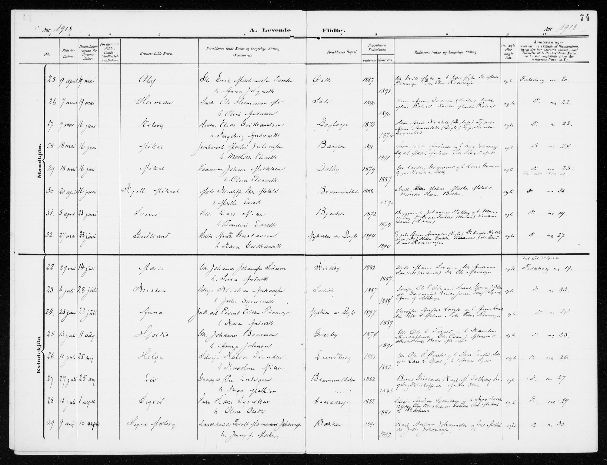 Furnes prestekontor, AV/SAH-PREST-012/K/Ka/L0001: Parish register (official) no. 1, 1907-1935, p. 74