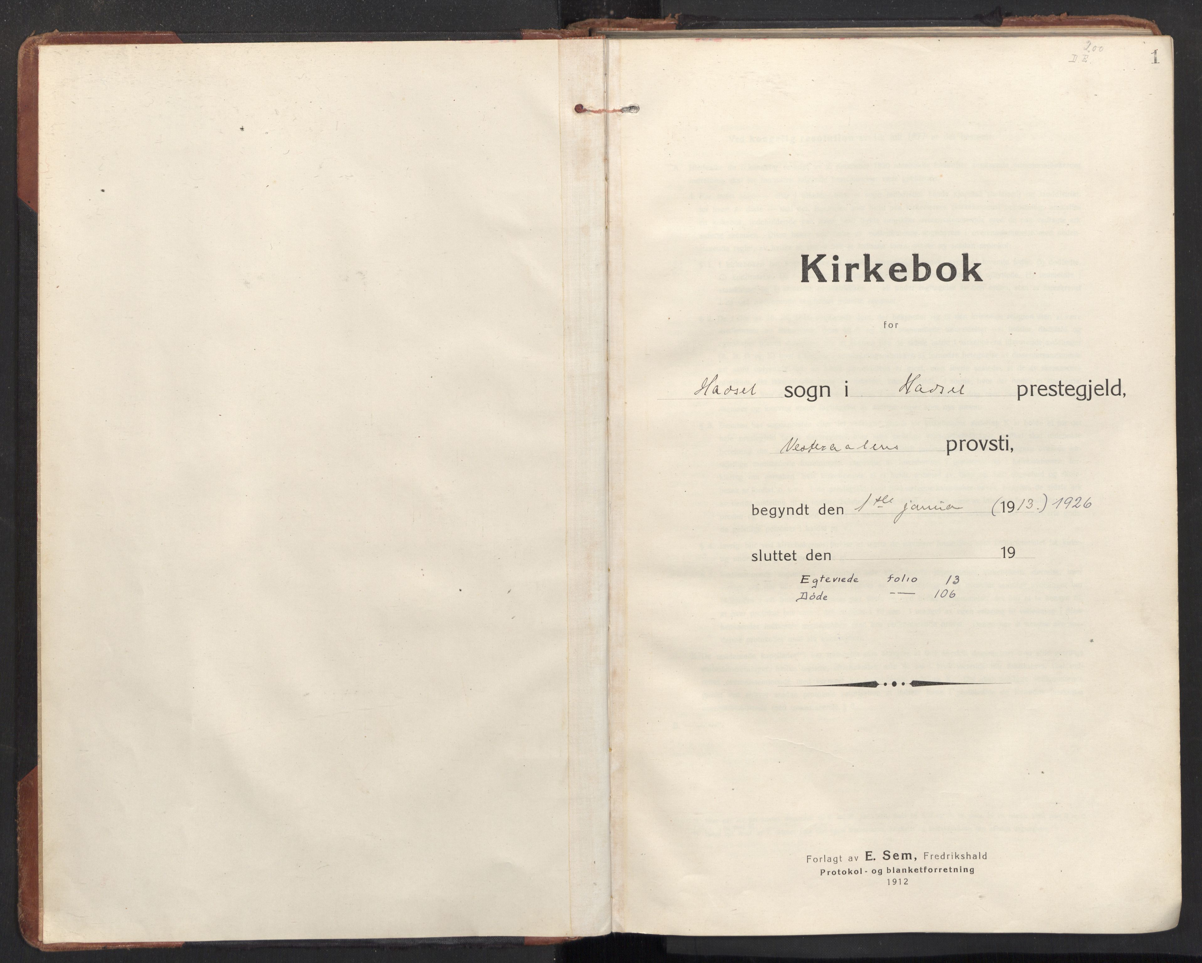 Ministerialprotokoller, klokkerbøker og fødselsregistre - Nordland, AV/SAT-A-1459/888/L1269: Parish register (copy) no. 888C11, 1913-1937, p. 1