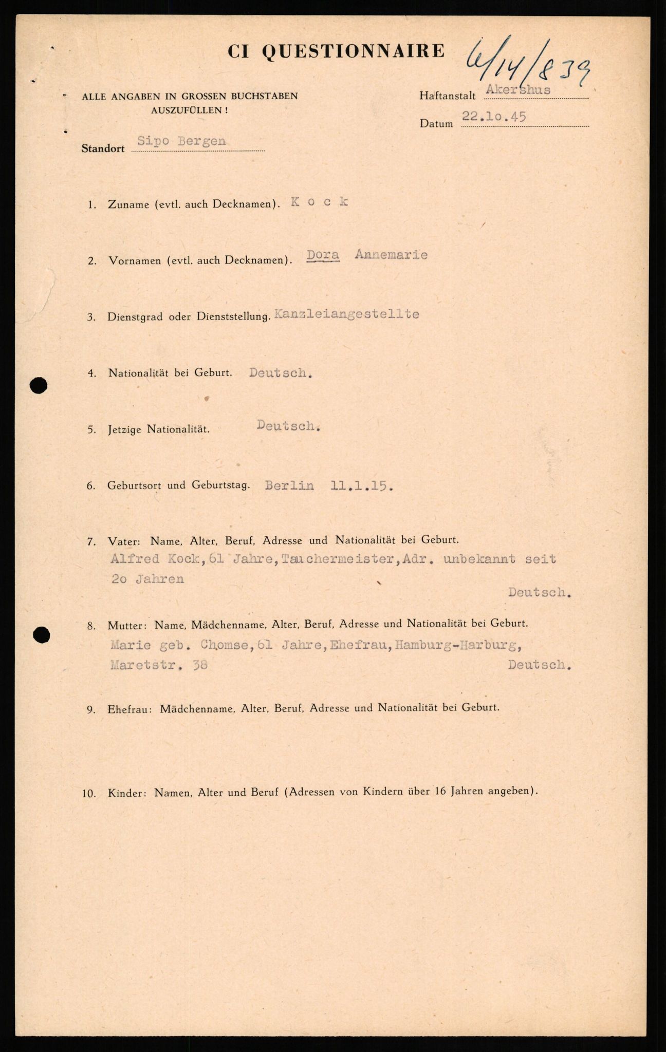 Forsvaret, Forsvarets overkommando II, RA/RAFA-3915/D/Db/L0017: CI Questionaires. Tyske okkupasjonsstyrker i Norge. Tyskere., 1945-1946, p. 365