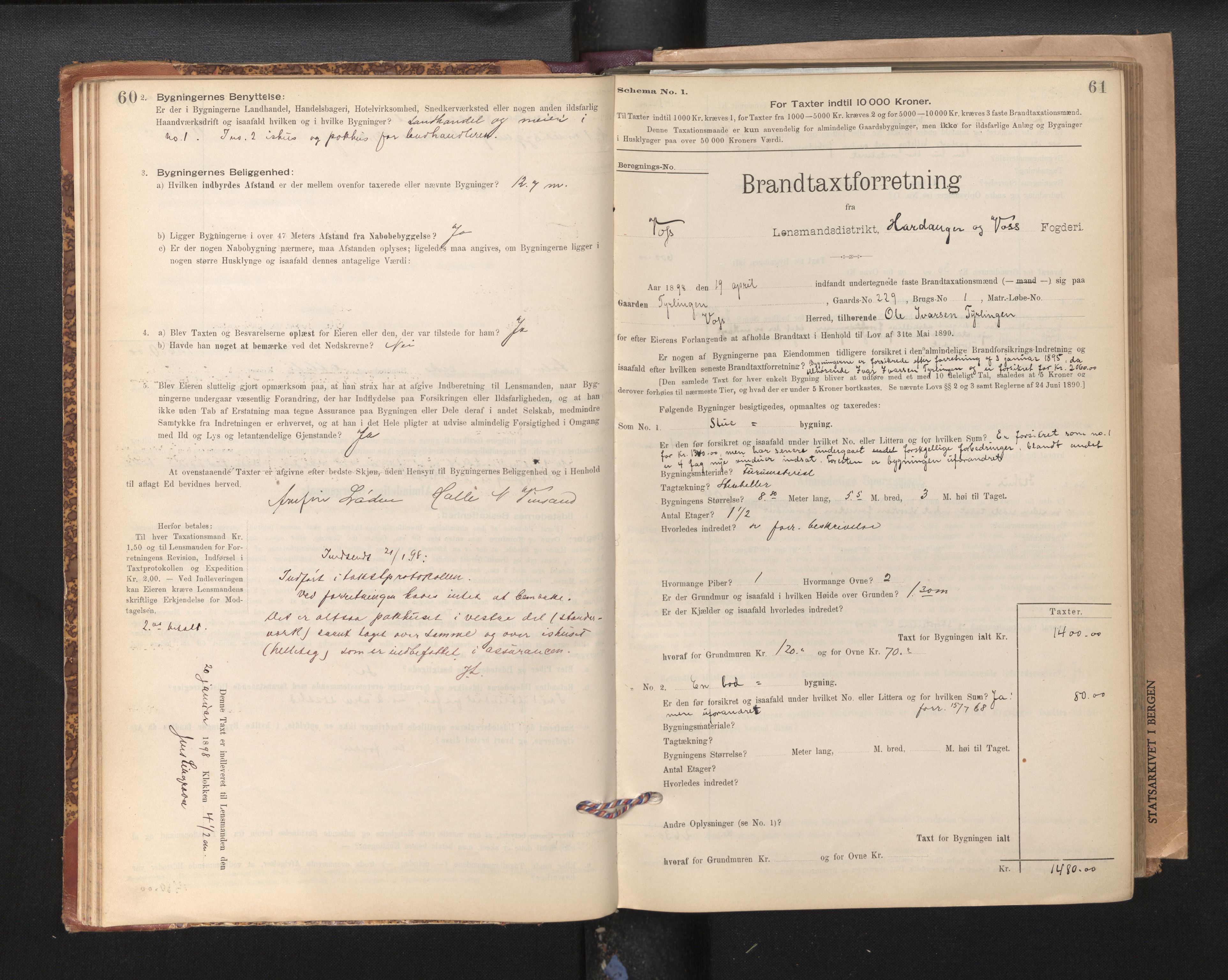 Lensmannen i Voss, SAB/A-35801/0012/L0008: Branntakstprotokoll, skjematakst, 1895-1945, p. 60-61