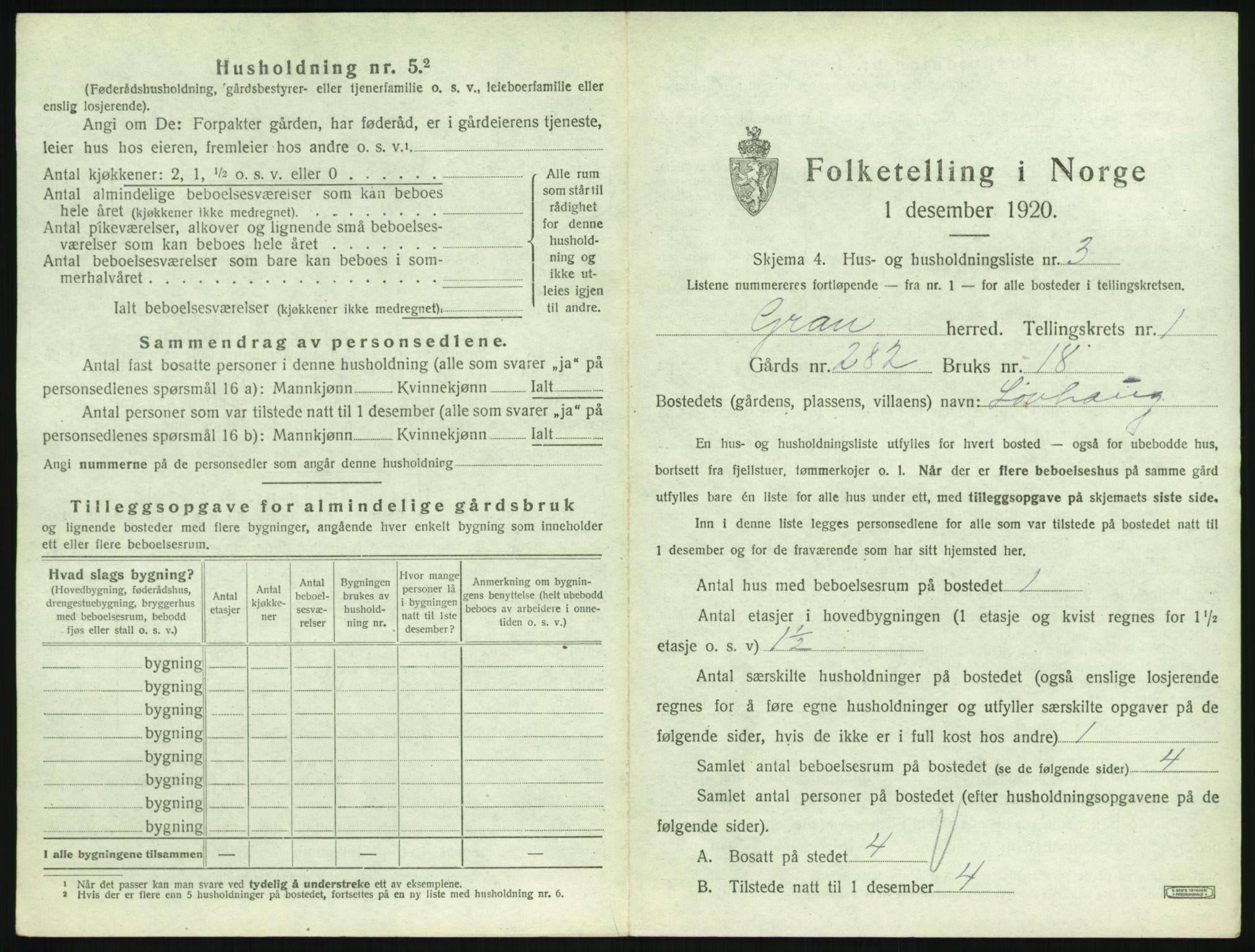 SAH, 1920 census for Gran, 1920, p. 52