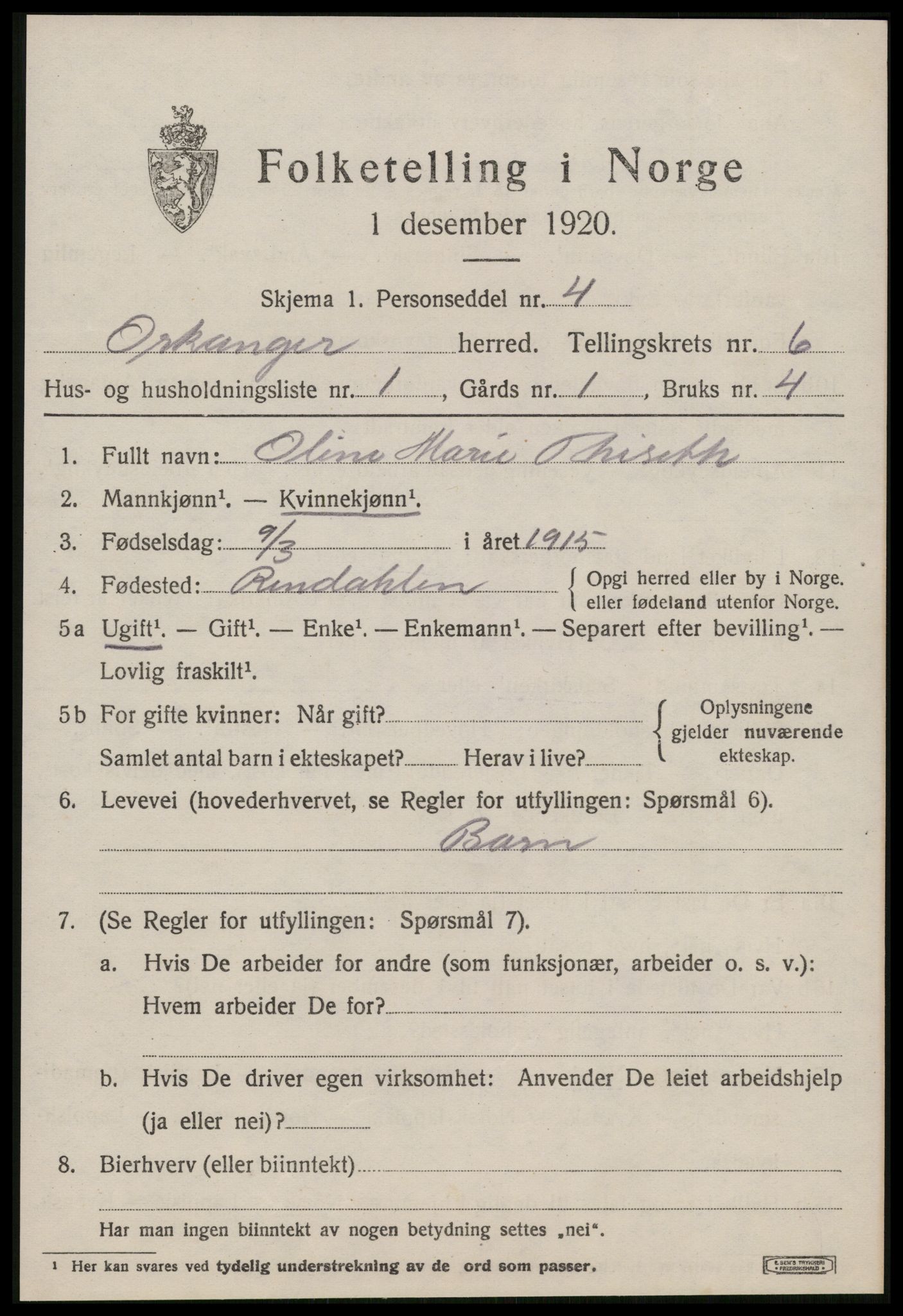 SAT, 1920 census for Orkanger, 1920, p. 3125