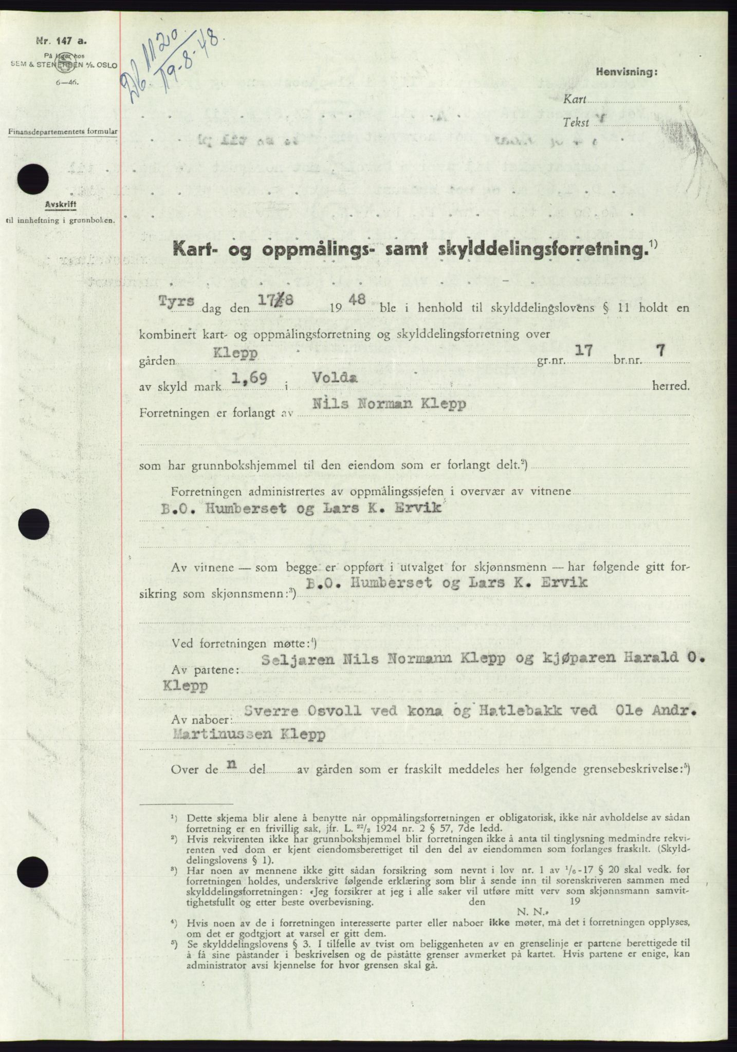 Søre Sunnmøre sorenskriveri, AV/SAT-A-4122/1/2/2C/L0082: Mortgage book no. 8A, 1948-1948, Diary no: : 1120/1948