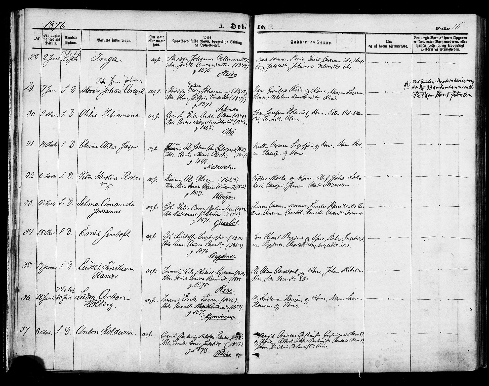 Ministerialprotokoller, klokkerbøker og fødselsregistre - Nordland, AV/SAT-A-1459/895/L1370: Parish register (official) no. 895A05, 1873-1884, p. 16