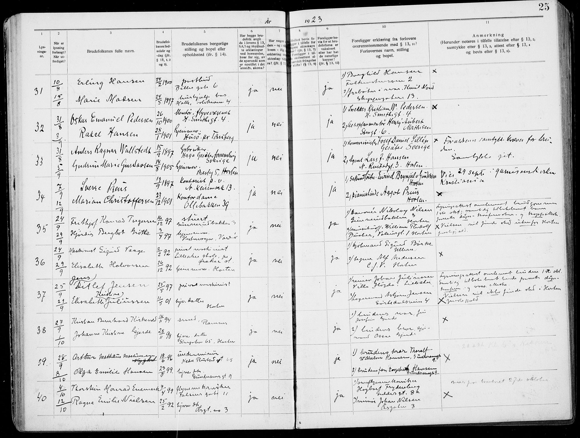 Horten kirkebøker, AV/SAKO-A-348/H/Ha/L0006: Banns register no. 6, 1920-1934, p. 25