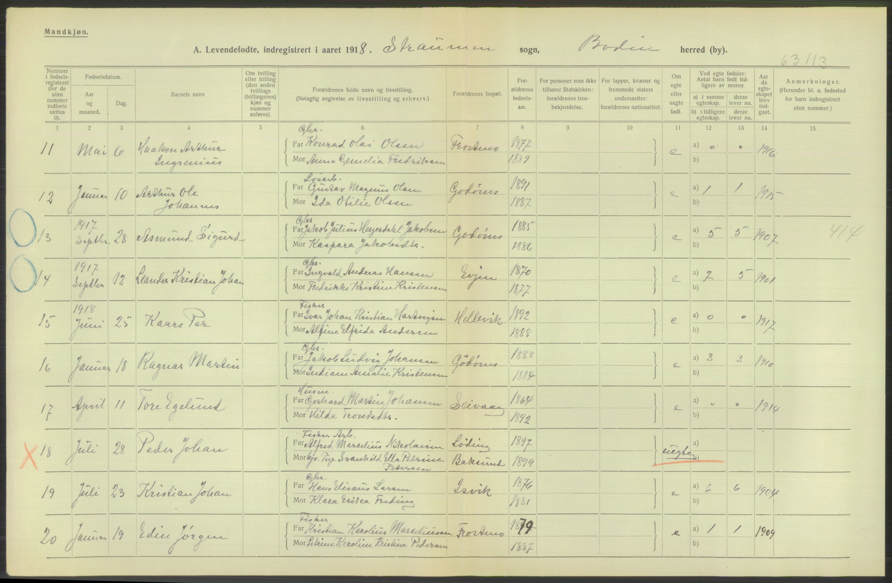 Statistisk sentralbyrå, Sosiodemografiske emner, Befolkning, AV/RA-S-2228/D/Df/Dfb/Dfbh/L0052: Nordland fylke: Levendefødte menn og kvinner. Bygder., 1918, p. 534