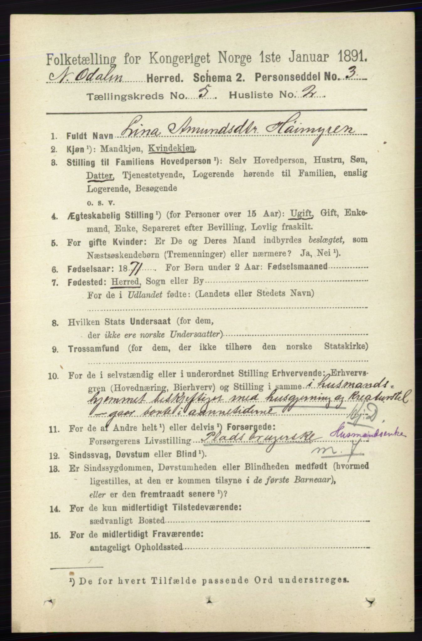 RA, 1891 census for 0418 Nord-Odal, 1891, p. 1555