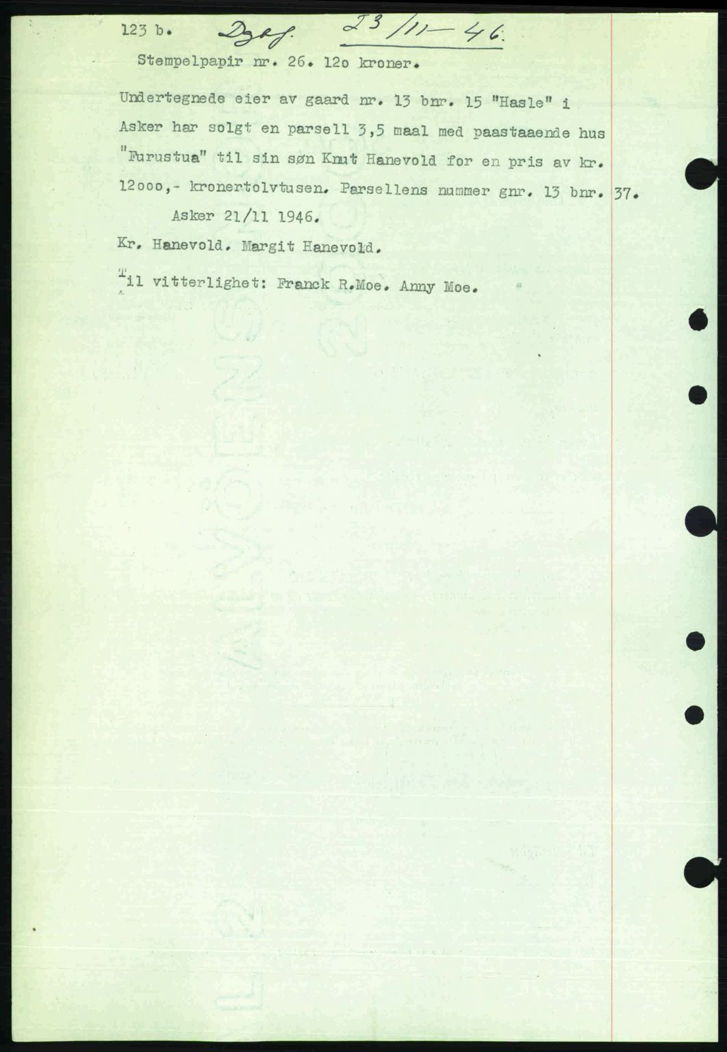 Aker herredsskriveri, AV/SAO-A-10896/G/Gb/Gbb/Gbbb/L0036: Mortgage book no. A82, 1946-1947, Diary no: : 5213/1946