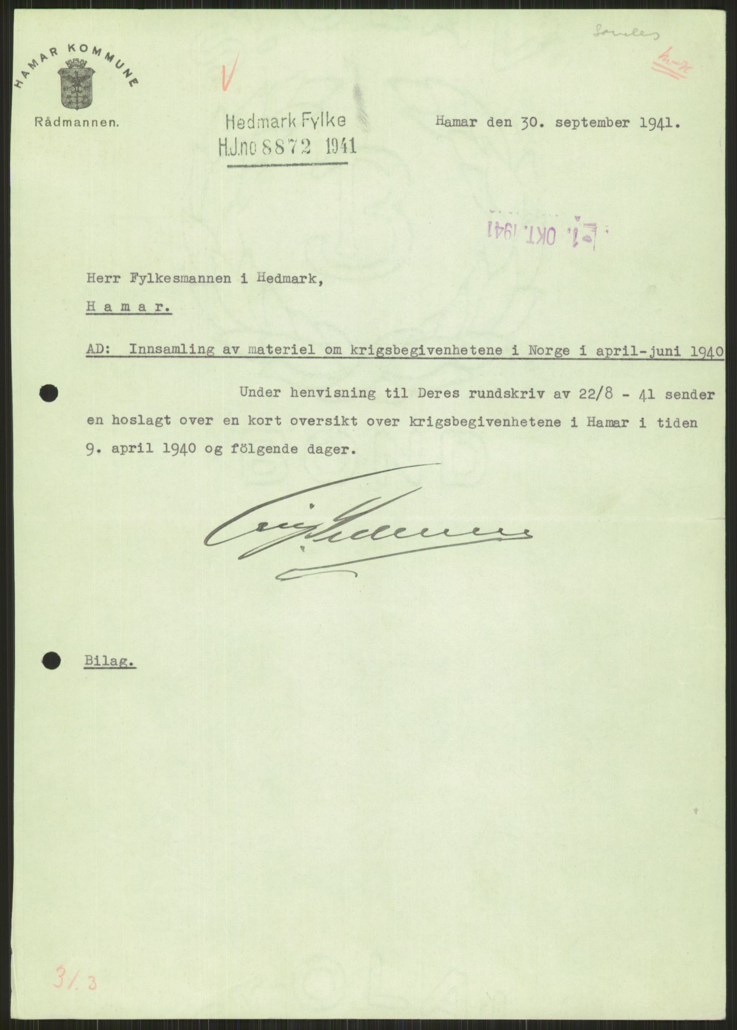 Forsvaret, Forsvarets krigshistoriske avdeling, RA/RAFA-2017/Y/Ya/L0013: II-C-11-31 - Fylkesmenn.  Rapporter om krigsbegivenhetene 1940., 1940, p. 889