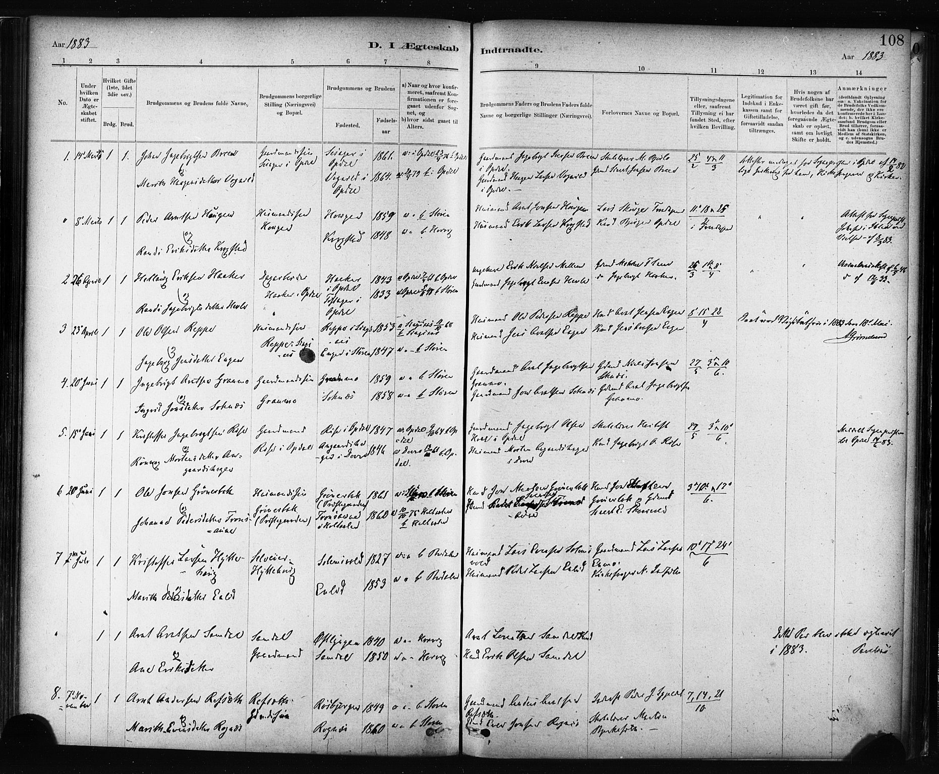 Ministerialprotokoller, klokkerbøker og fødselsregistre - Sør-Trøndelag, AV/SAT-A-1456/687/L1002: Parish register (official) no. 687A08, 1878-1890, p. 108