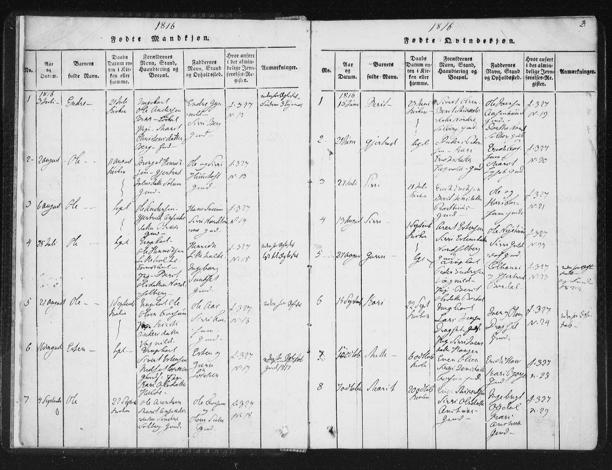 Ministerialprotokoller, klokkerbøker og fødselsregistre - Sør-Trøndelag, AV/SAT-A-1456/689/L1037: Parish register (official) no. 689A02, 1816-1842, p. 3