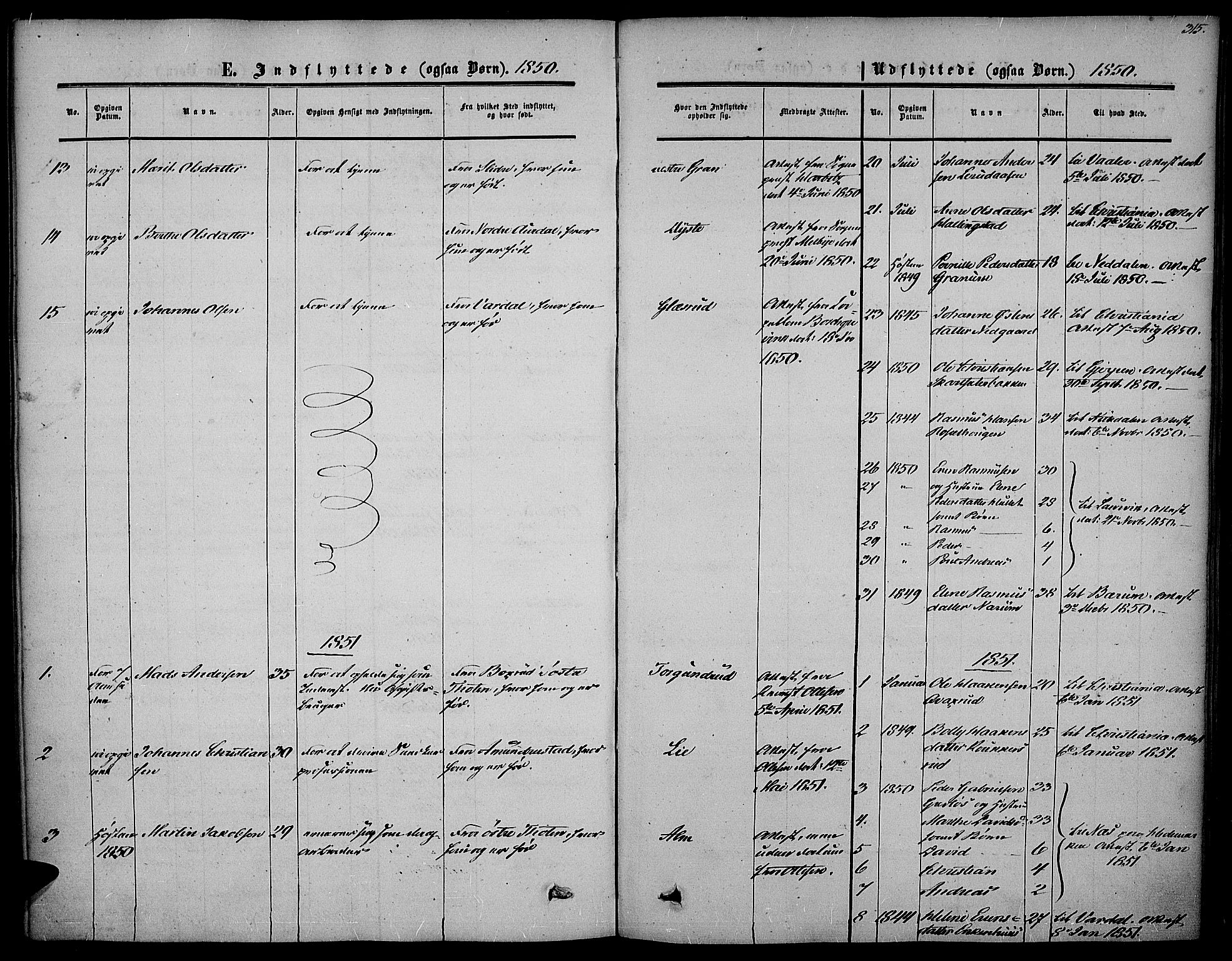 Vestre Toten prestekontor, SAH/PREST-108/H/Ha/Haa/L0005: Parish register (official) no. 5, 1850-1855, p. 315