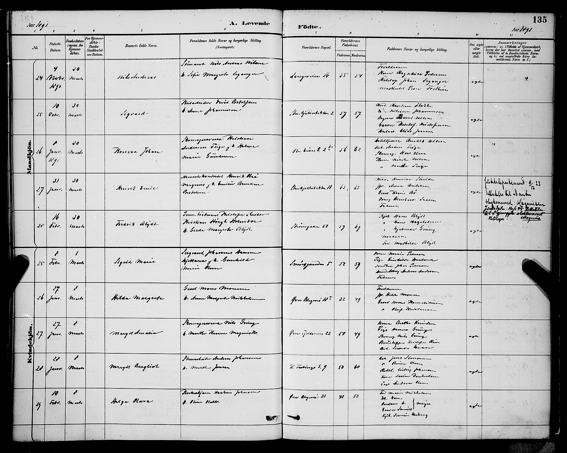 Korskirken sokneprestembete, AV/SAB-A-76101/H/Hab: Parish register (copy) no. B 9, 1887-1896, p. 135