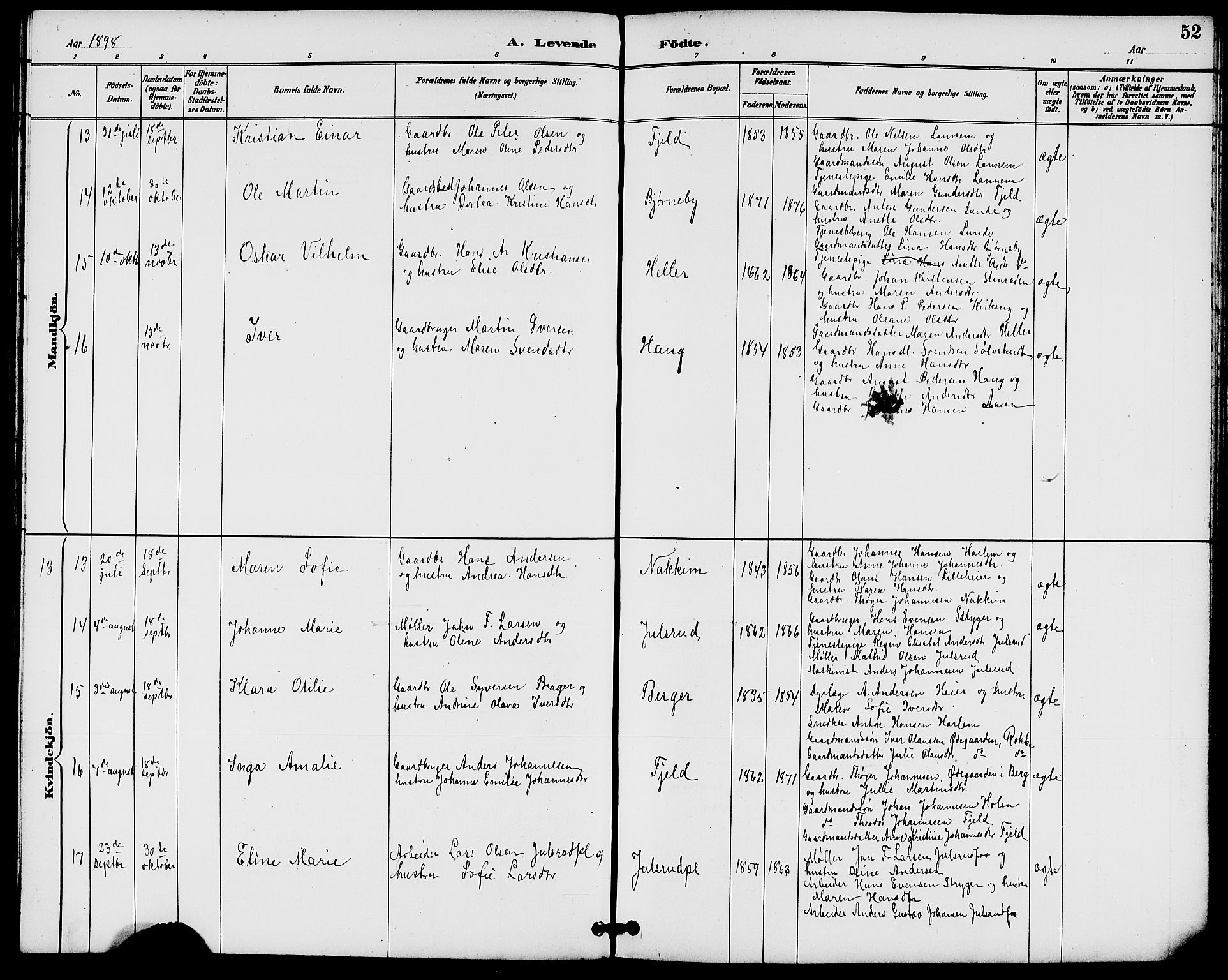 Rakkestad prestekontor Kirkebøker, AV/SAO-A-2008/G/Gb/L0001: Parish register (copy) no. II 1, 1887-1909, p. 52