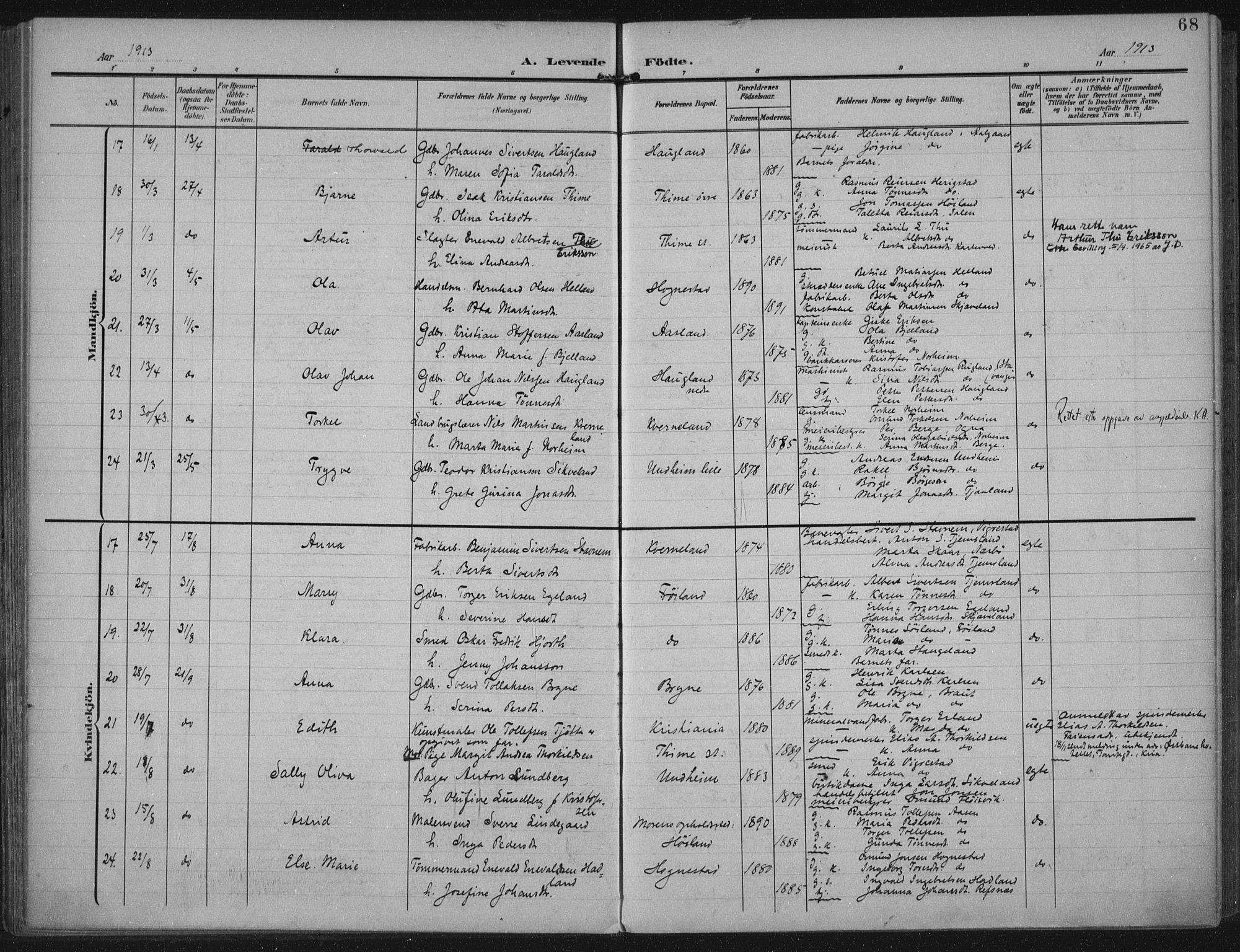 Lye sokneprestkontor, AV/SAST-A-101794/002/A/L0001: Parish register (official) no. A 12, 1904-1920, p. 68