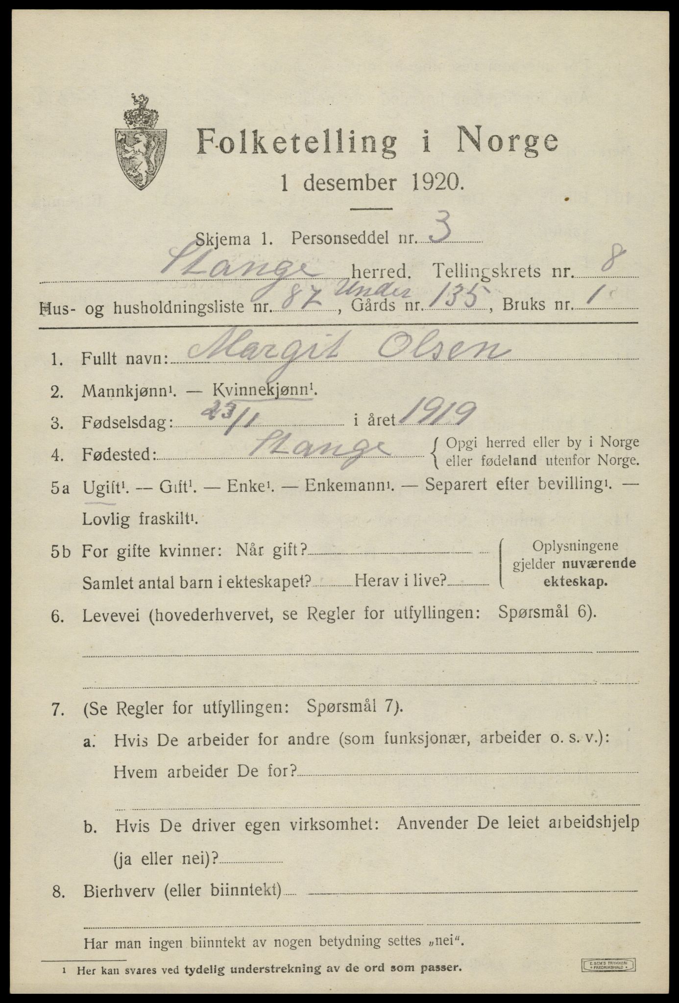 SAH, 1920 census for Stange, 1920, p. 14575