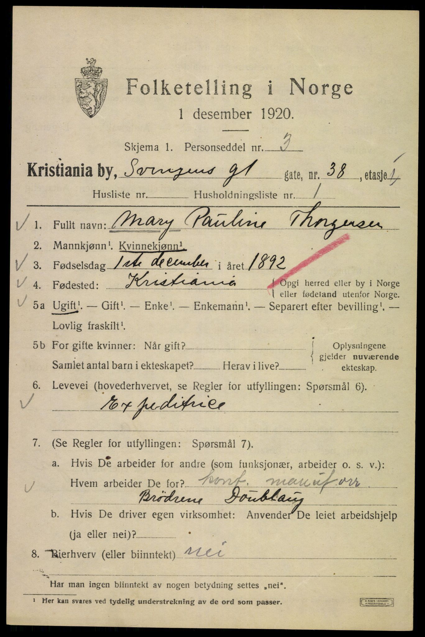 SAO, 1920 census for Kristiania, 1920, p. 560495