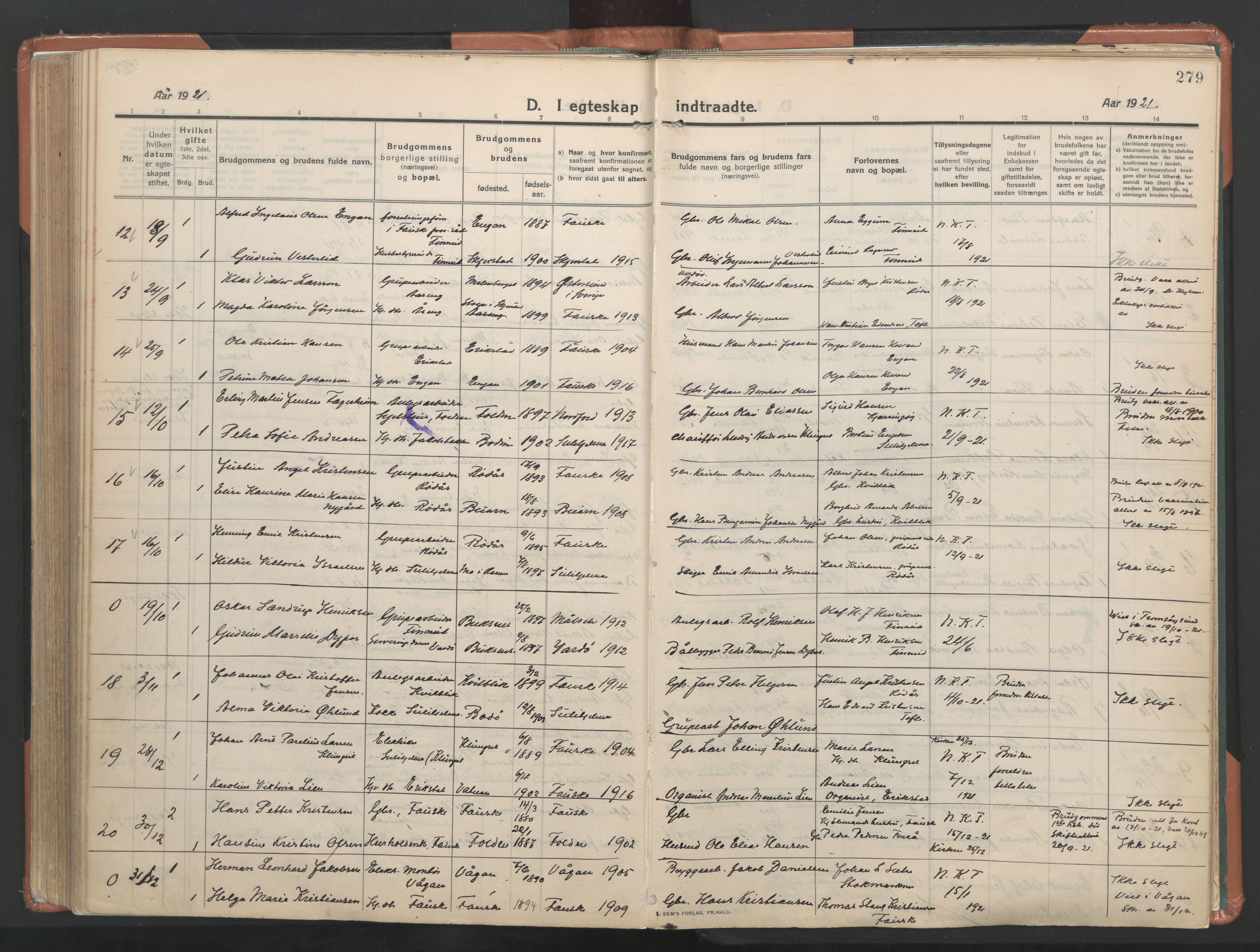 Ministerialprotokoller, klokkerbøker og fødselsregistre - Nordland, SAT/A-1459/849/L0698: Parish register (official) no. 849A09, 1911-1924, p. 279
