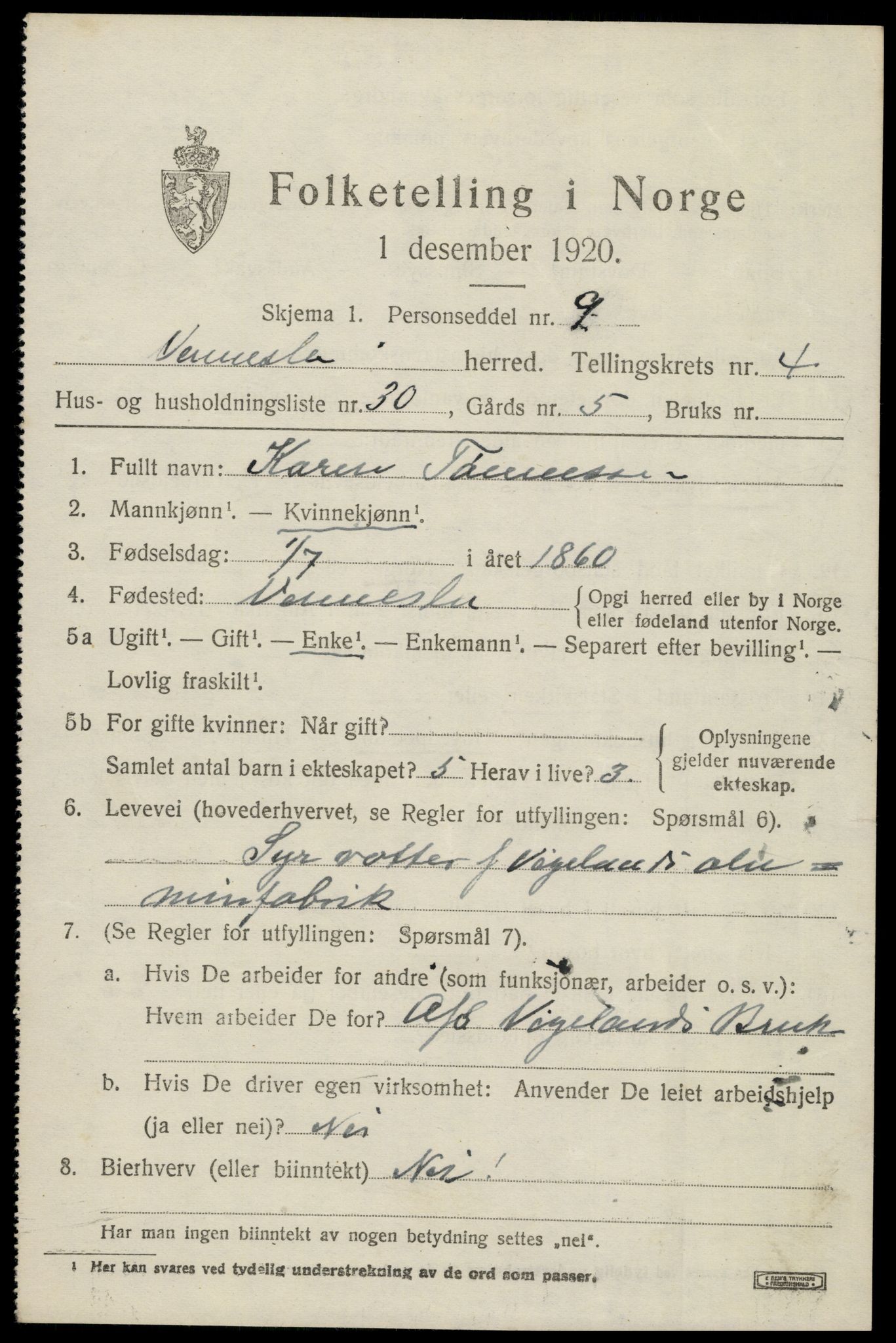 SAK, 1920 census for Vennesla, 1920, p. 3218