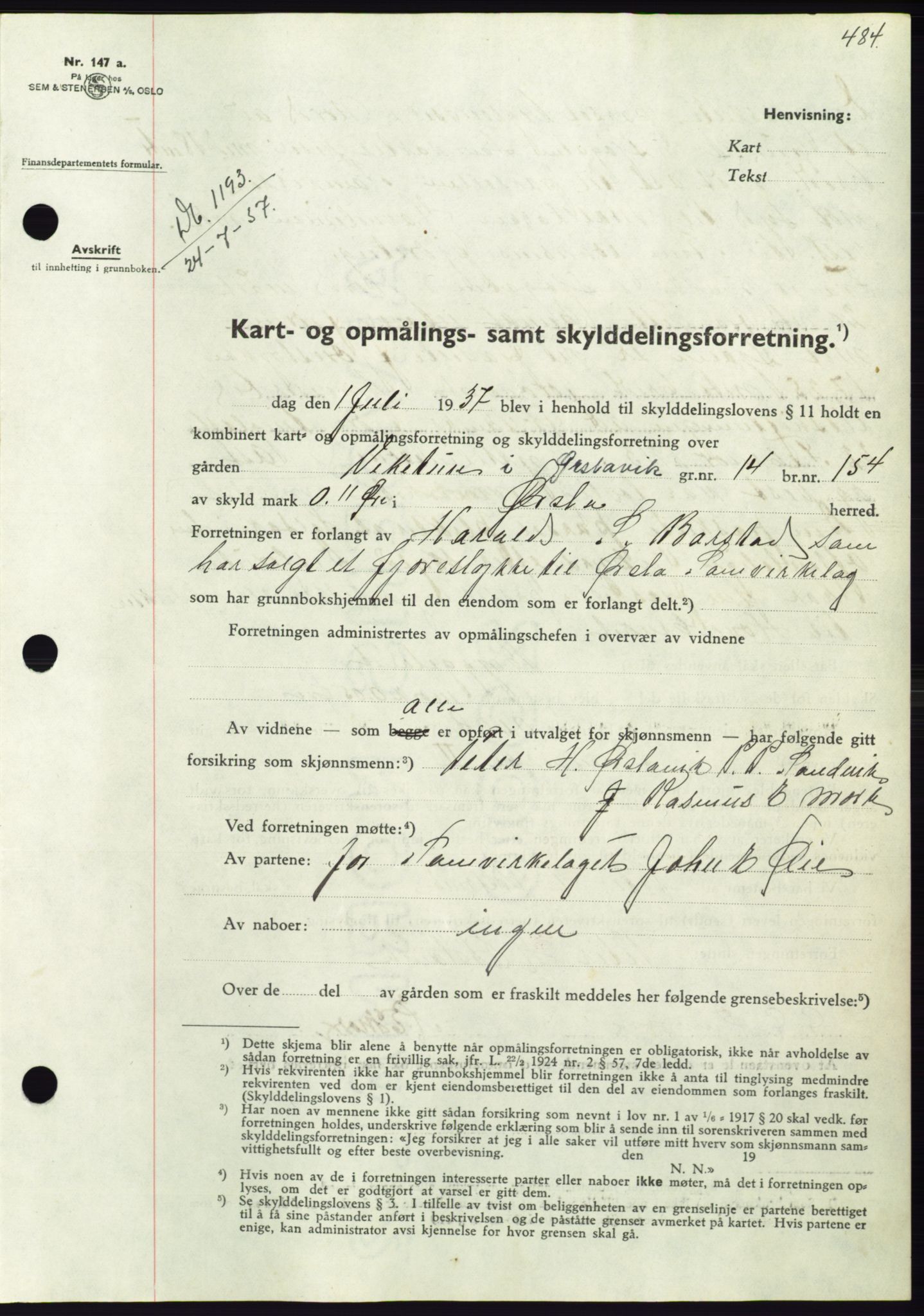 Søre Sunnmøre sorenskriveri, AV/SAT-A-4122/1/2/2C/L0063: Mortgage book no. 57, 1937-1937, Diary no: : 1193/1937