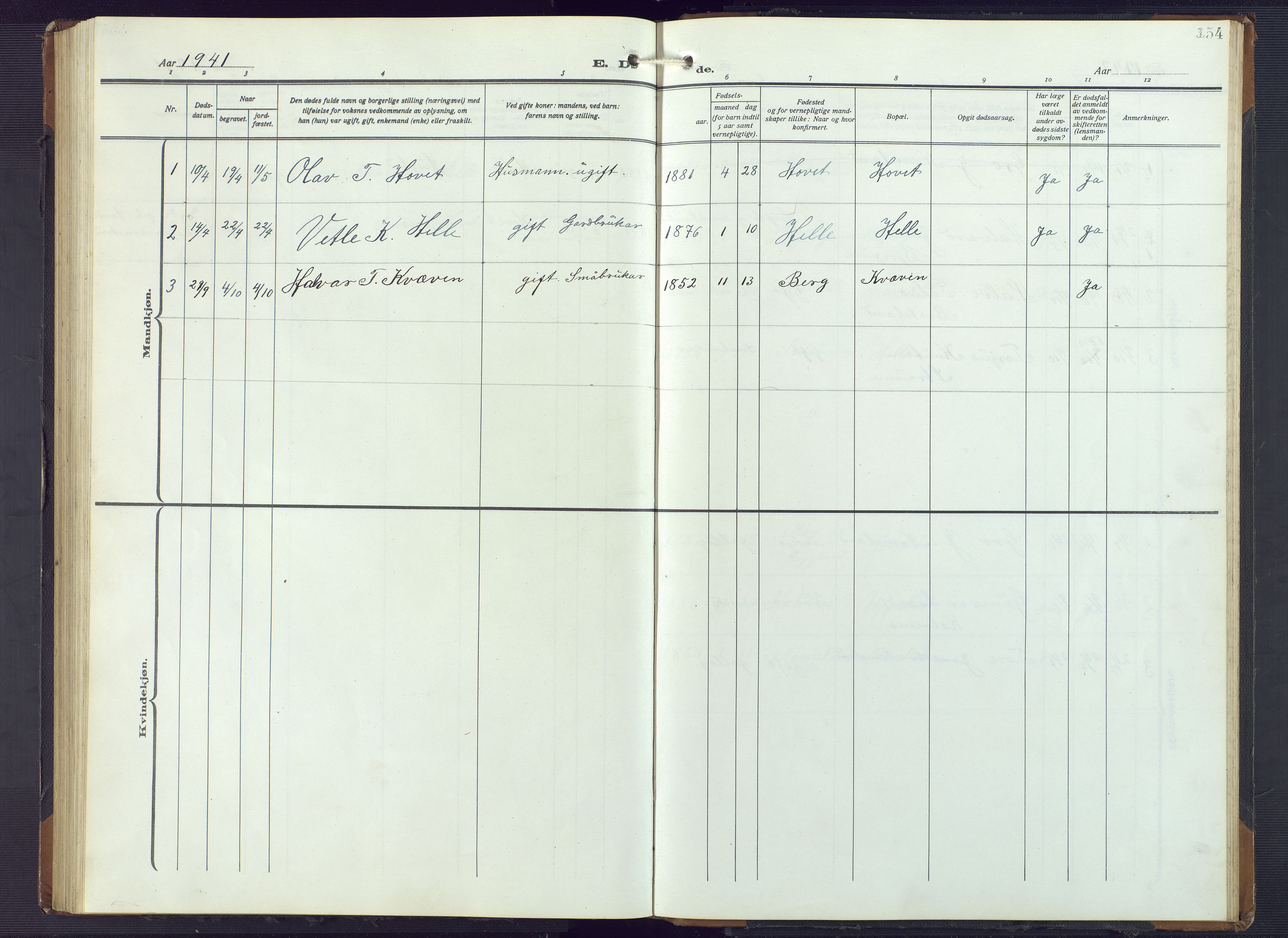 Valle sokneprestkontor, SAK/1111-0044/F/Fb/Fbb/L0003: Parish register (copy) no. B 3, 1921-1948, p. 154