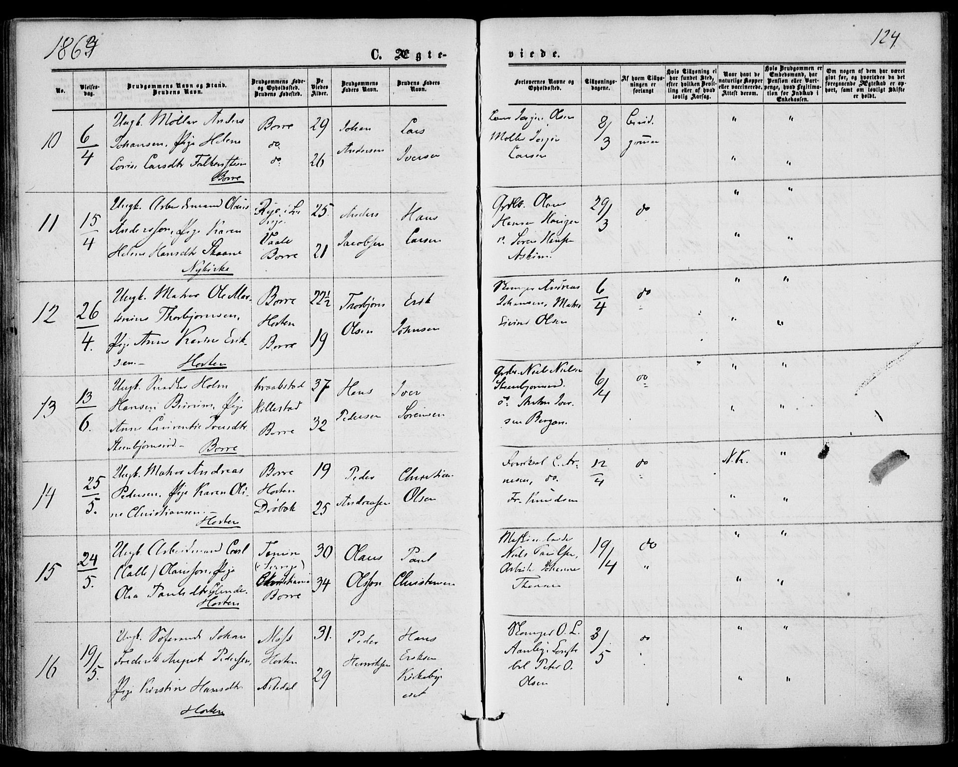 Borre kirkebøker, AV/SAKO-A-338/F/Fa/L0007: Parish register (official) no. I 7, 1862-1867, p. 124