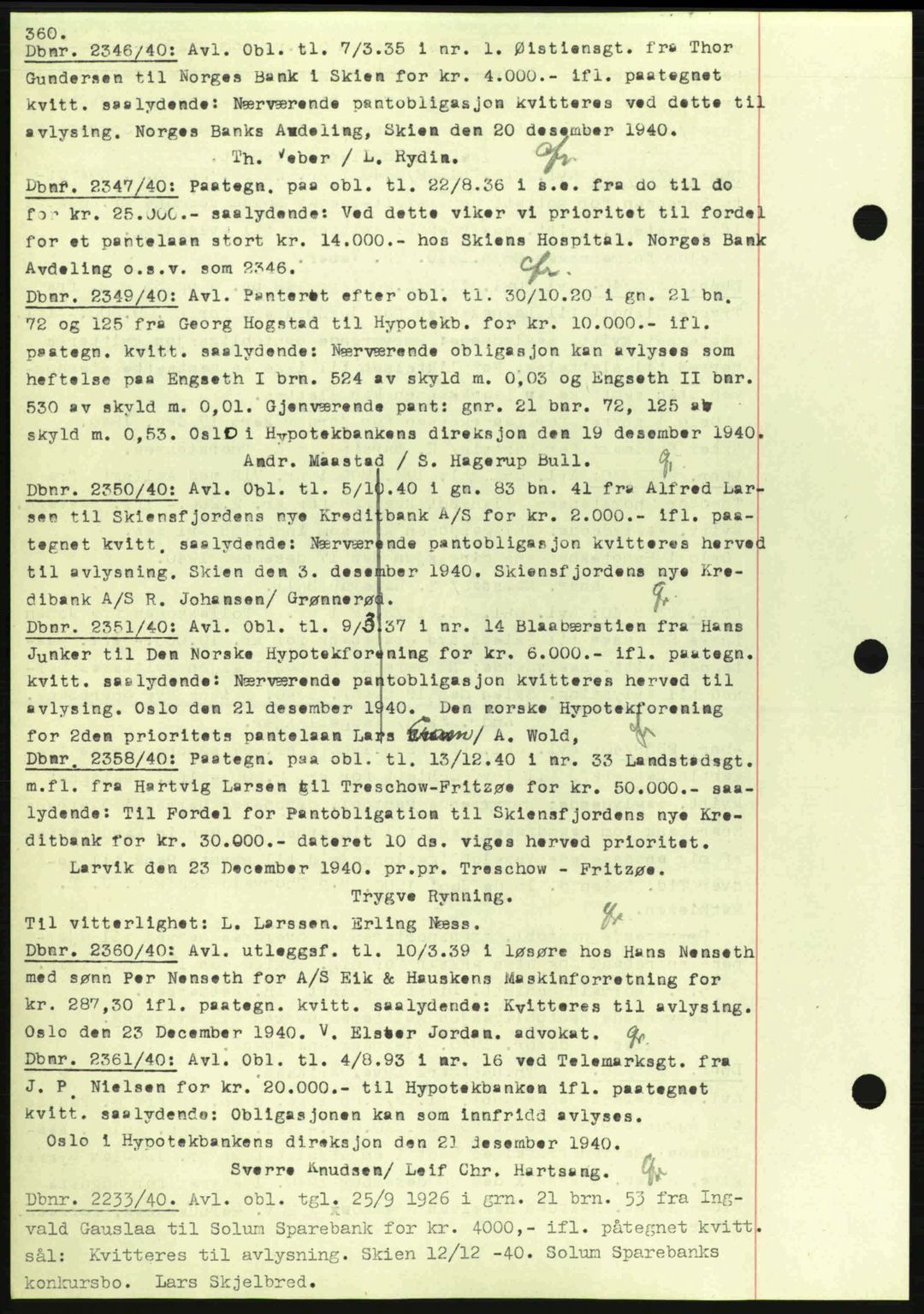Skien sorenskriveri, AV/SAKO-A-225/G/Ga/Gab/L0001: Mortgage book no. B-1 - B-2 a, 1938-1945, Diary no: : 2346/1940