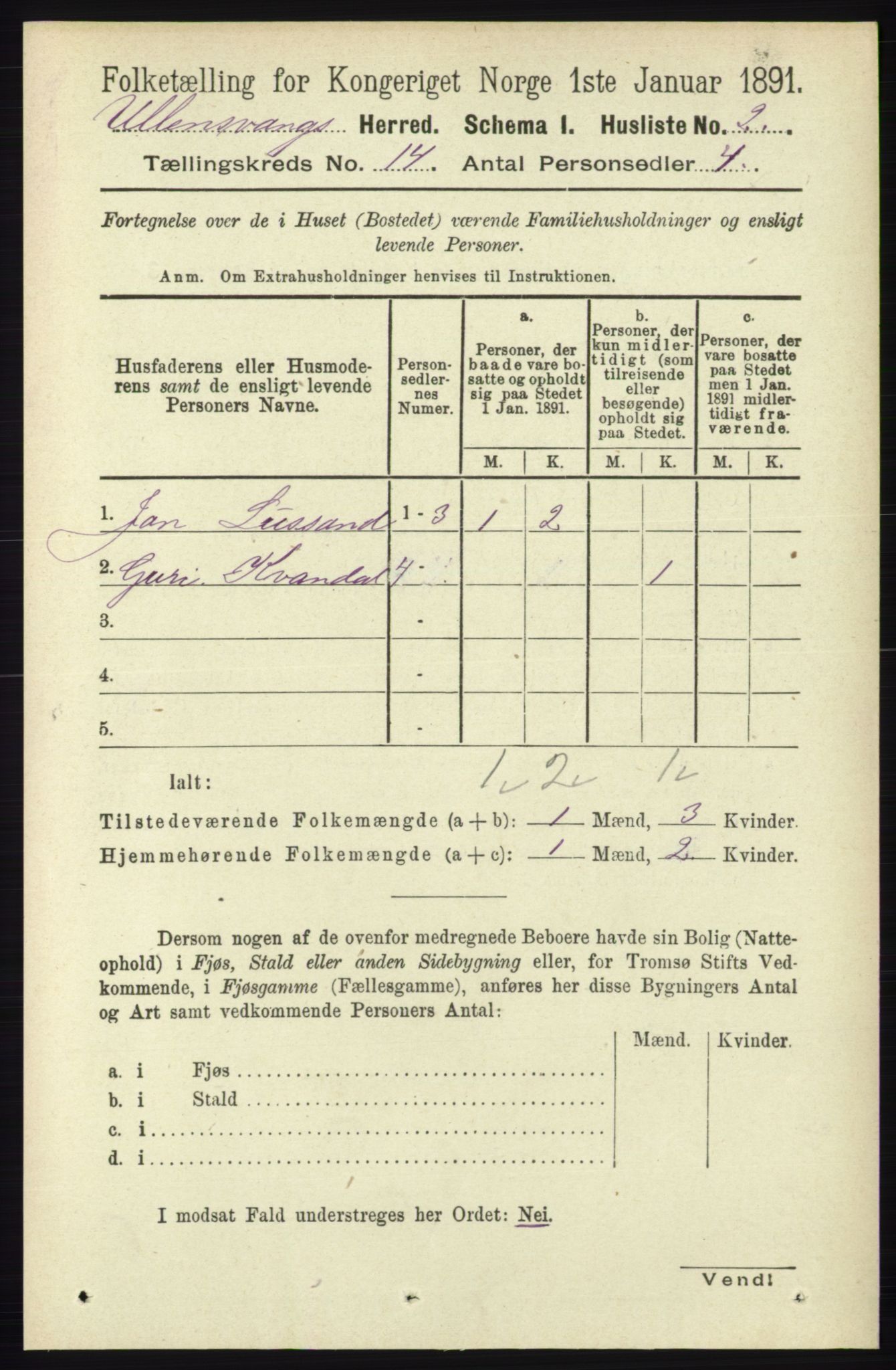 RA, 1891 census for 1230 Ullensvang, 1891, p. 5492