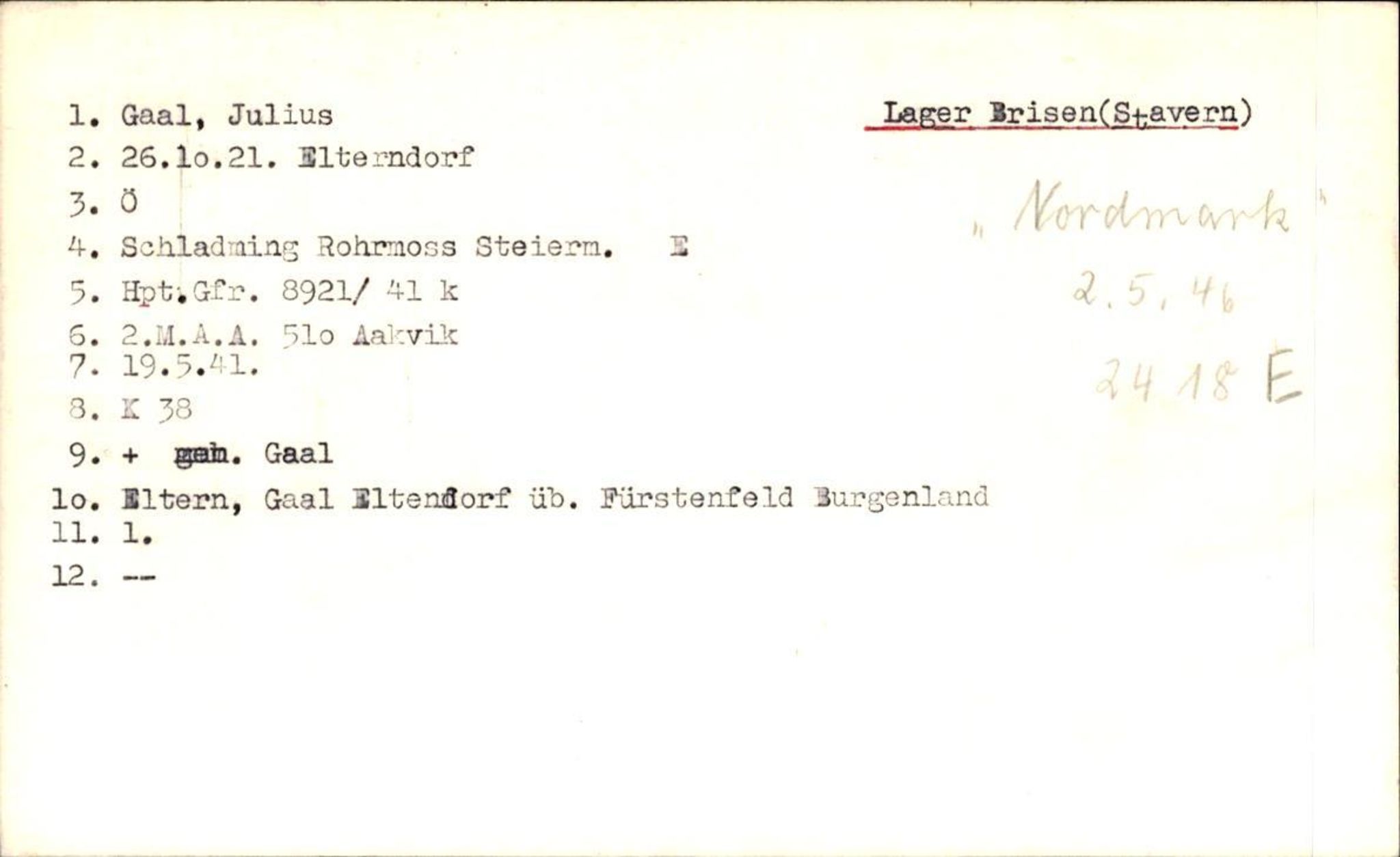 Hjemsendte tyskere , AV/RA-RAFA-6487/D/Db/L0011: G-Grimm, 1945-1947, p. 1