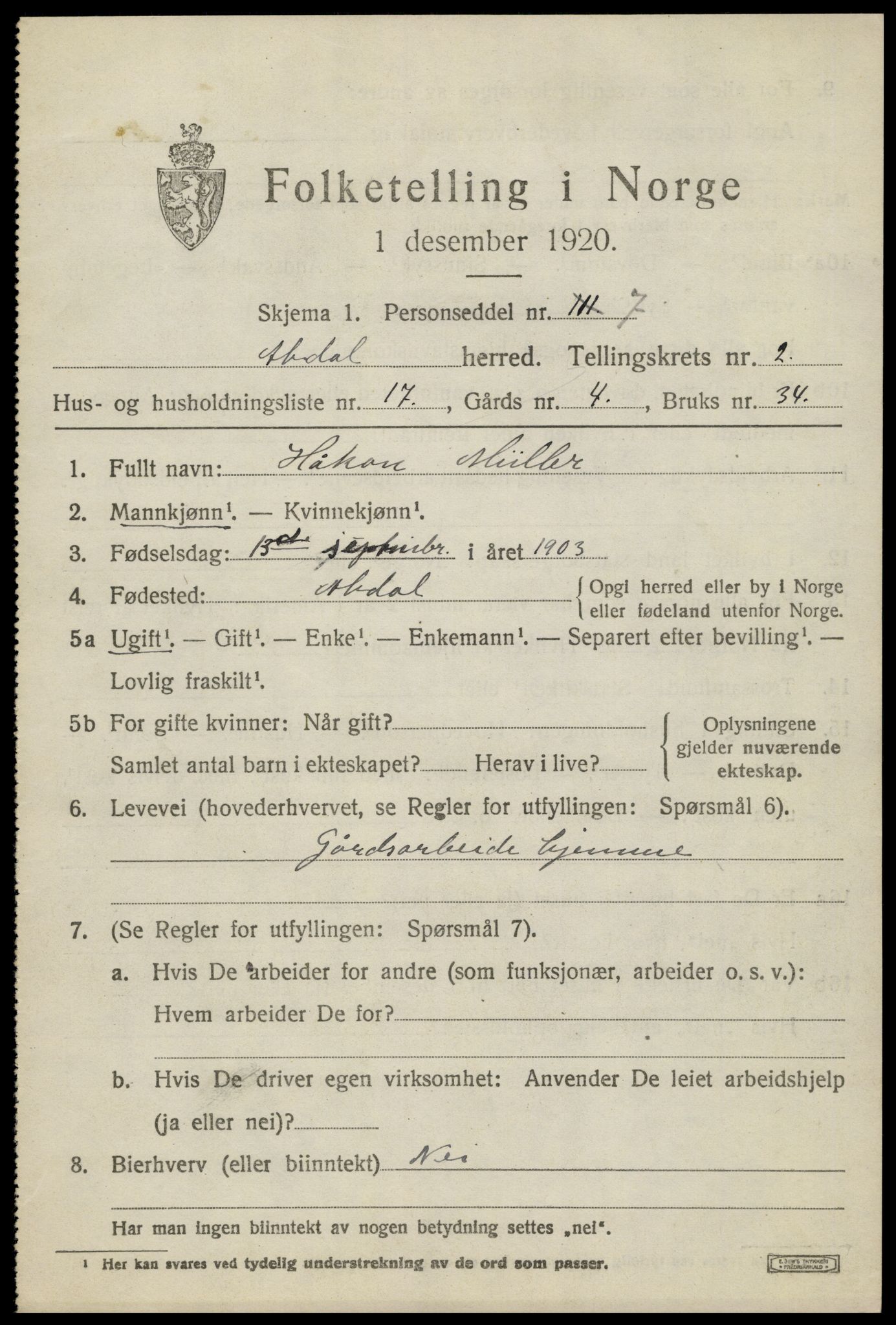 SAH, 1920 census for Alvdal, 1920, p. 1672