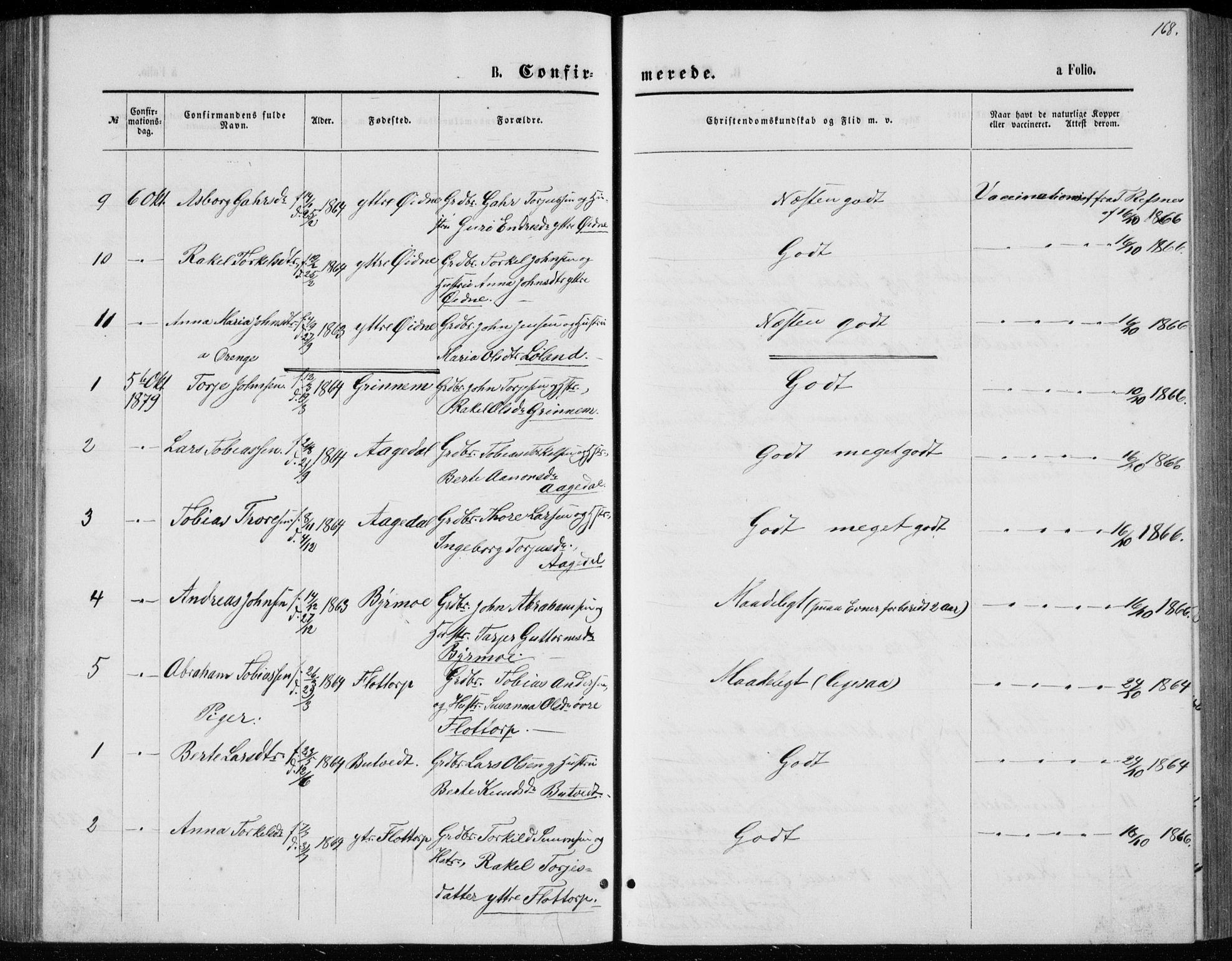 Bjelland sokneprestkontor, AV/SAK-1111-0005/F/Fb/Fbc/L0002: Parish register (copy) no. B 2, 1867-1887, p. 168
