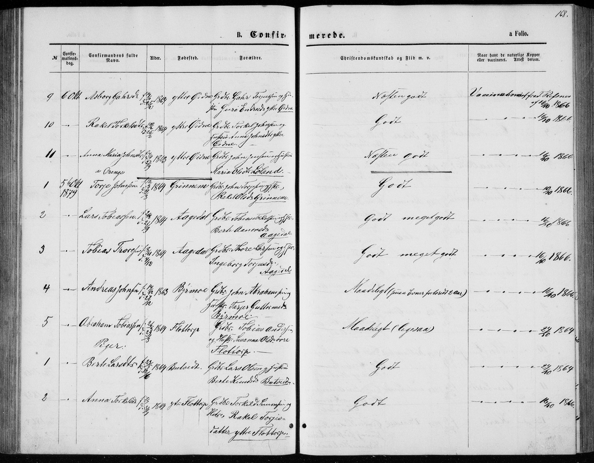 Bjelland sokneprestkontor, SAK/1111-0005/F/Fb/Fbc/L0002: Parish register (copy) no. B 2, 1867-1887, p. 168