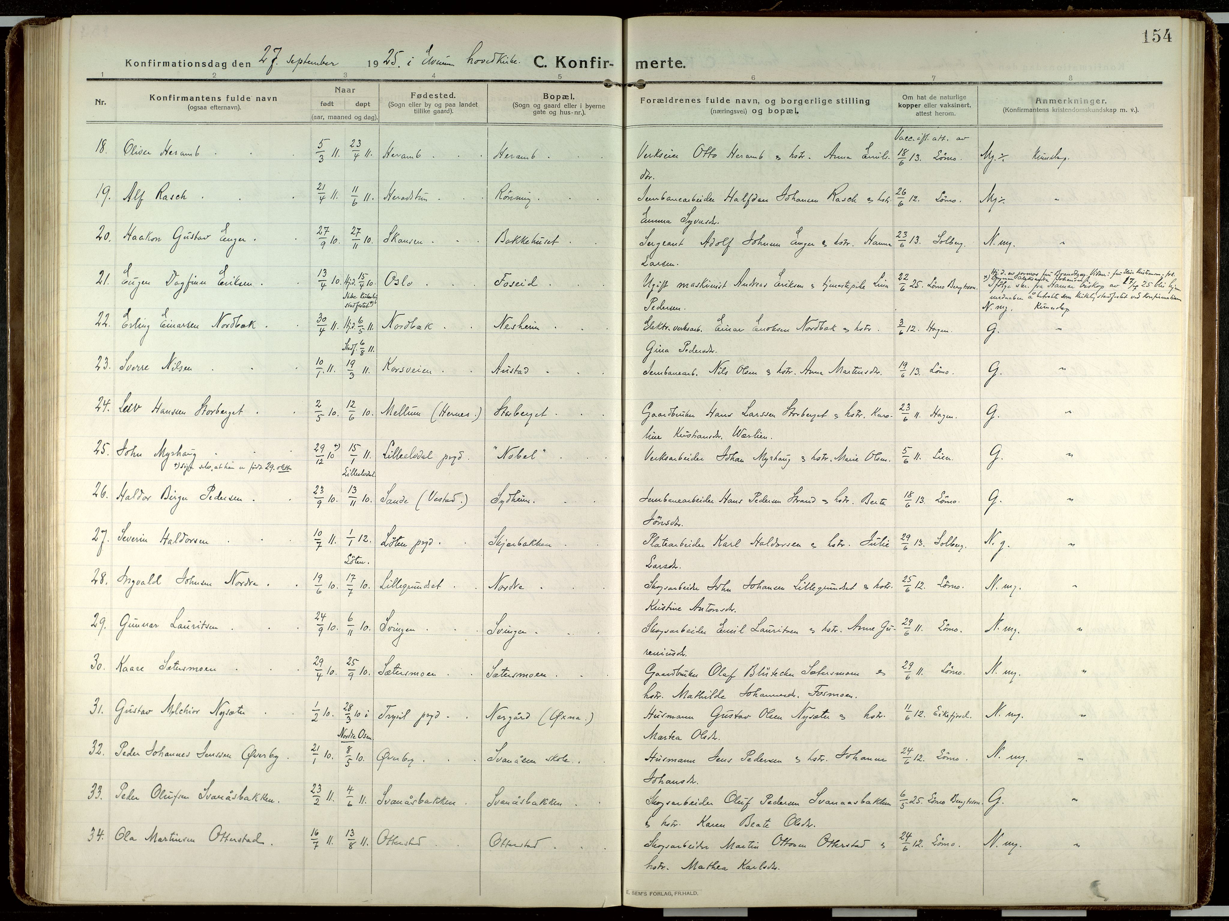 Elverum prestekontor, AV/SAH-PREST-044/H/Ha/Haa/L0023: Parish register (official) no. 23, 1914-1929, p. 154