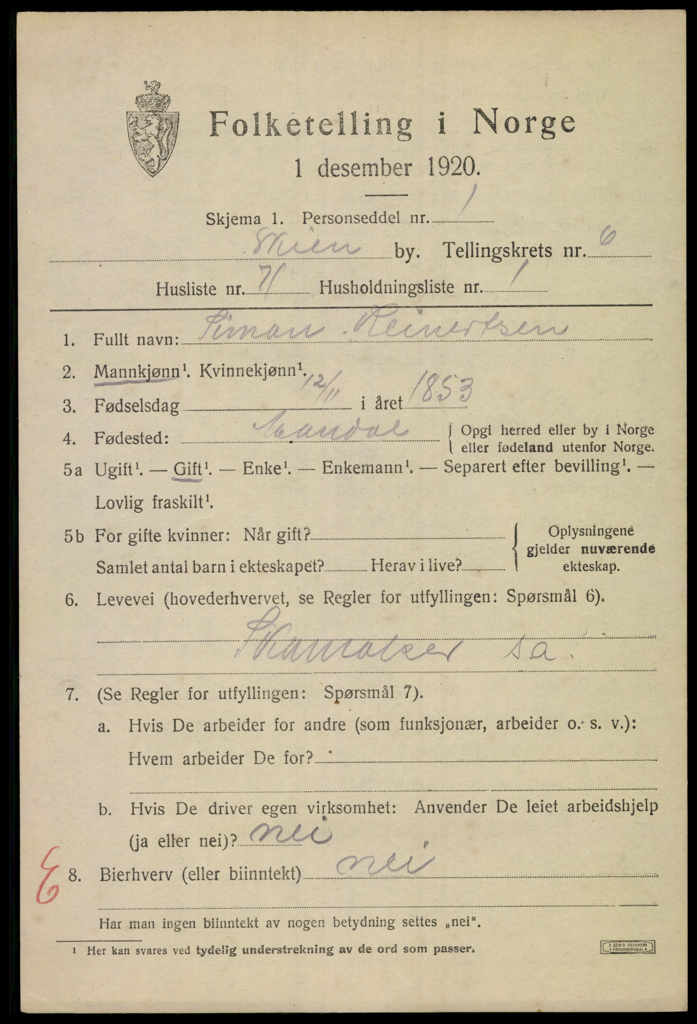 SAKO, 1920 census for Skien, 1920, p. 23162