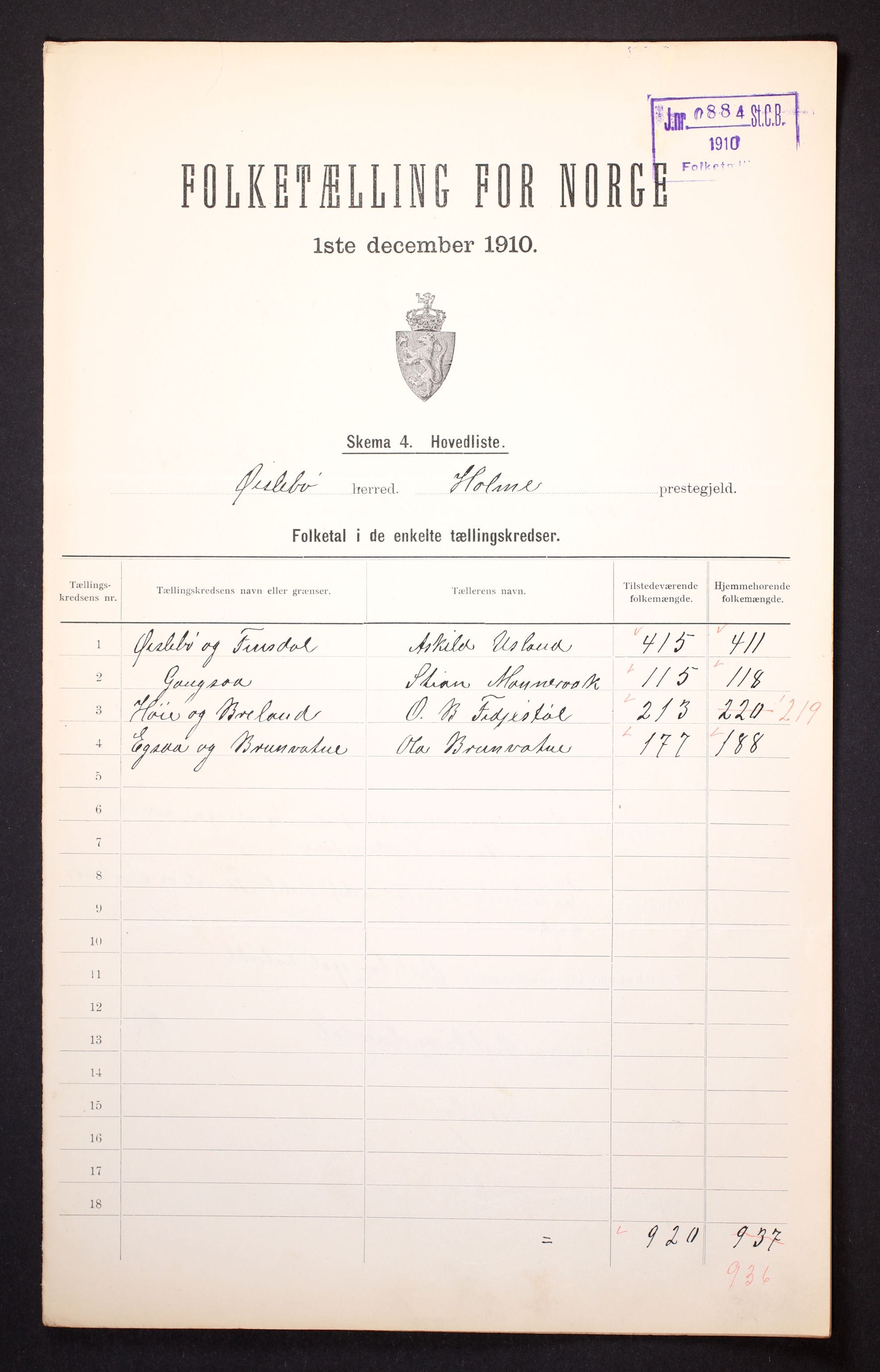 RA, 1910 census for Øyslebø, 1910, p. 2