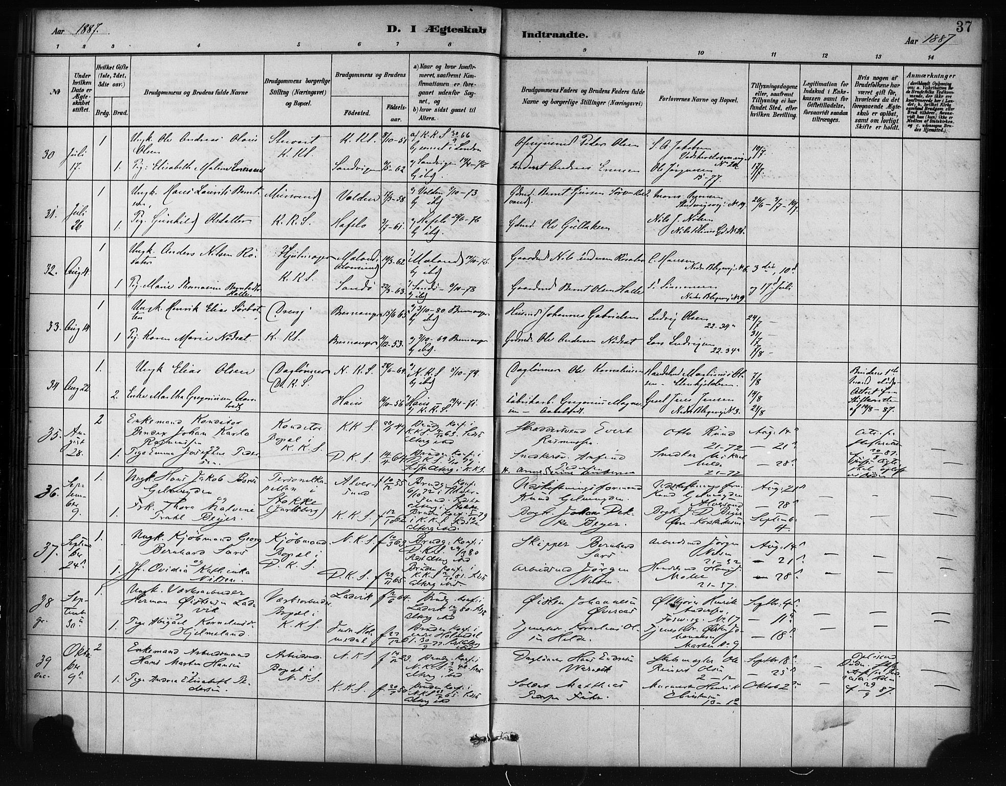 Korskirken sokneprestembete, SAB/A-76101/H/Haa/L0037: Parish register (official) no. D 4, 1883-1904, p. 37