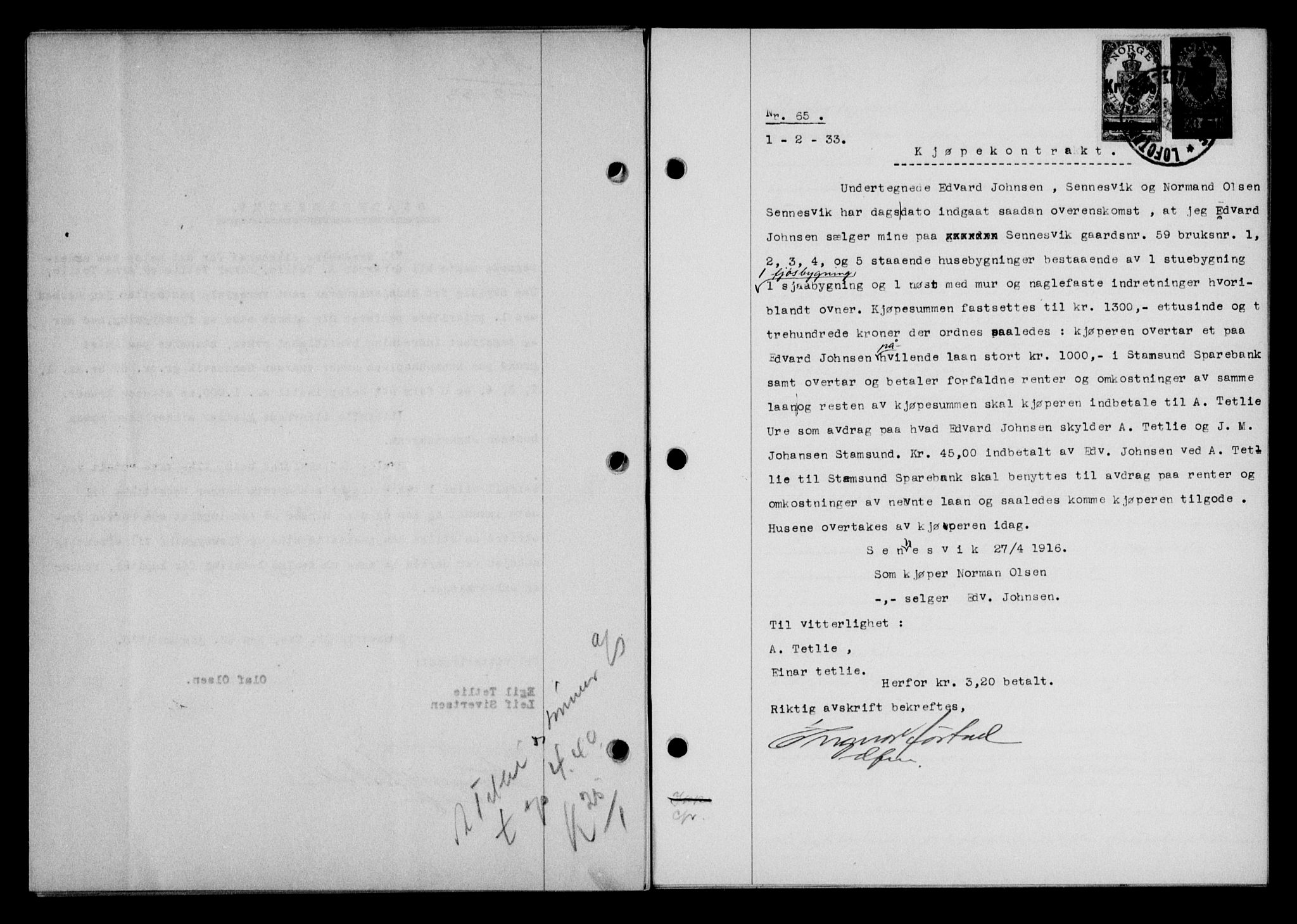 Lofoten sorenskriveri, AV/SAT-A-0017/1/2/2C/L0027b: Mortgage book no. 27b, 1933-1933, Deed date: 01.02.1933