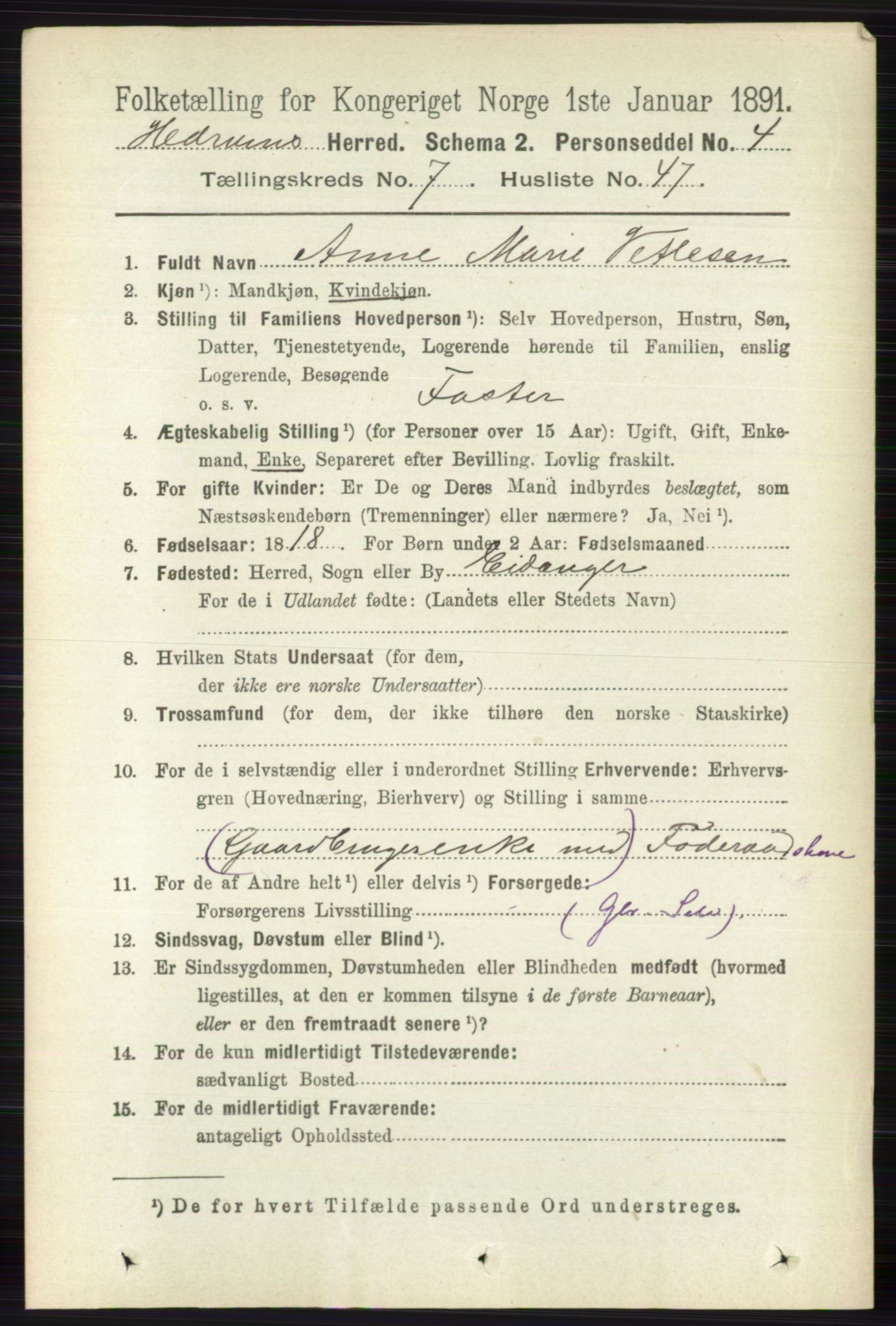 RA, 1891 census for 0727 Hedrum, 1891, p. 3296