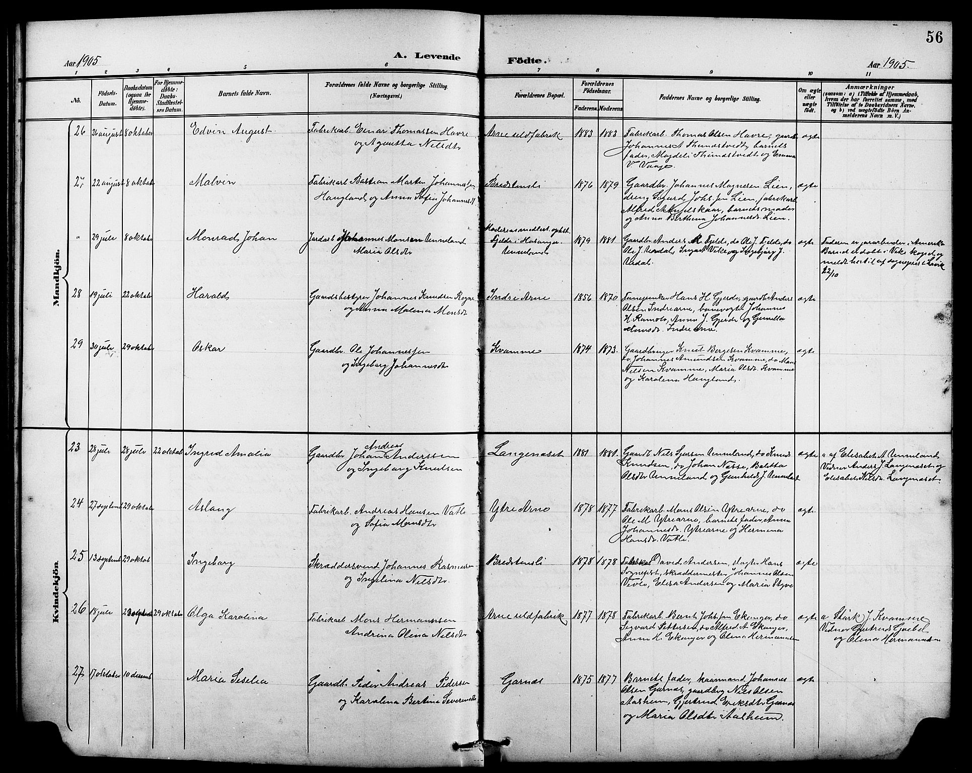 Arna Sokneprestembete, SAB/A-74001/H/Ha/Hab: Parish register (copy) no. A 4, 1898-1910, p. 56