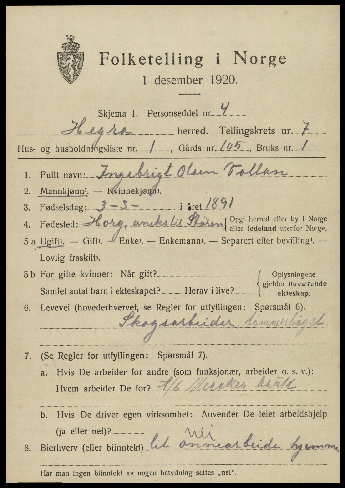 SAT, 1920 census for Hegra, 1920, p. 5152