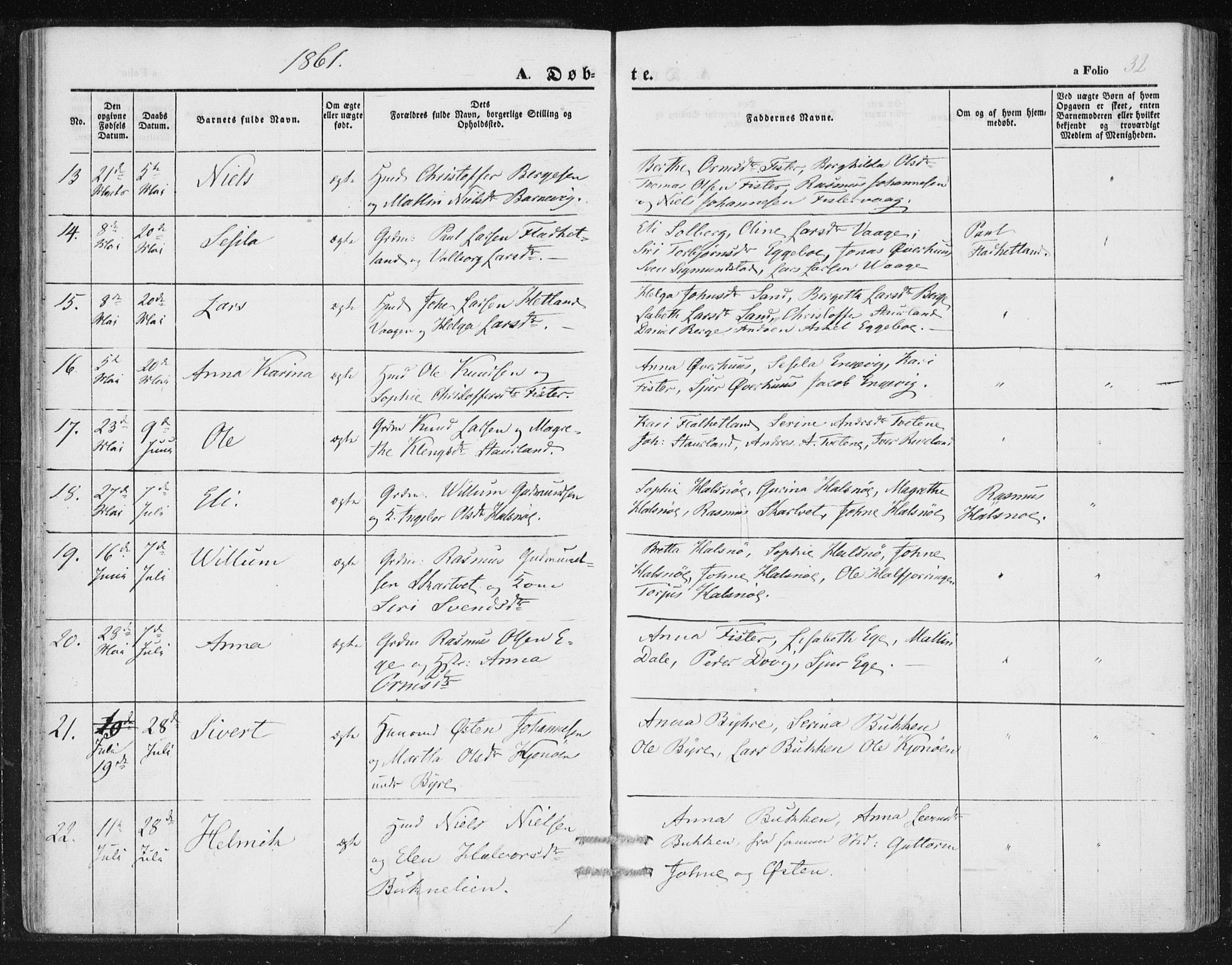 Hjelmeland sokneprestkontor, AV/SAST-A-101843/01/IV/L0010: Parish register (official) no. A 10, 1851-1871, p. 32