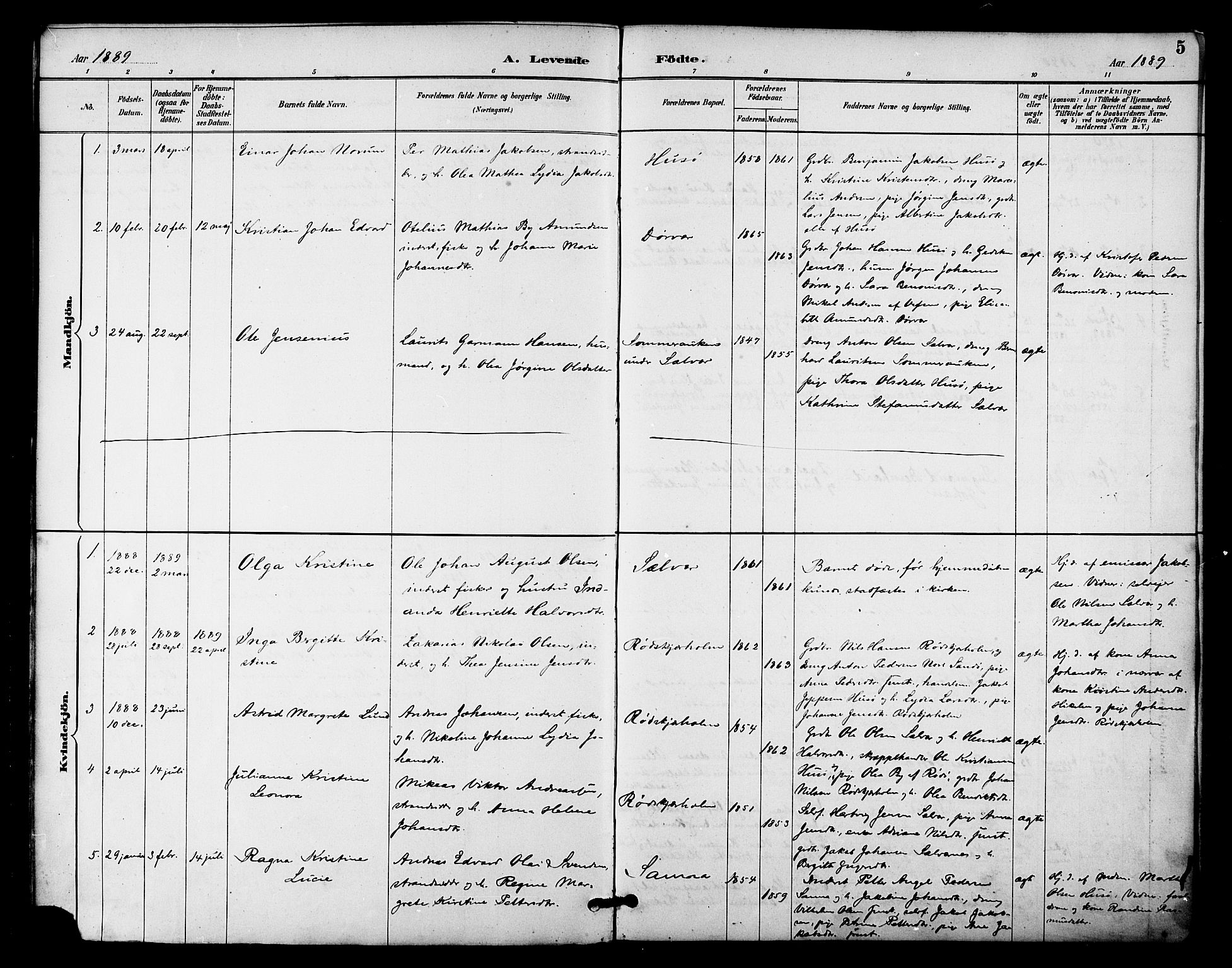Ministerialprotokoller, klokkerbøker og fødselsregistre - Nordland, SAT/A-1459/840/L0580: Parish register (official) no. 840A02, 1887-1909, p. 5