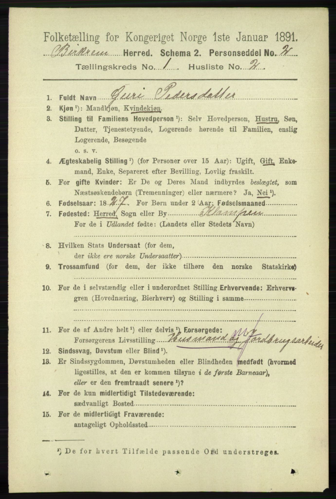 RA, 1891 census for 1114 Bjerkreim, 1891, p. 100