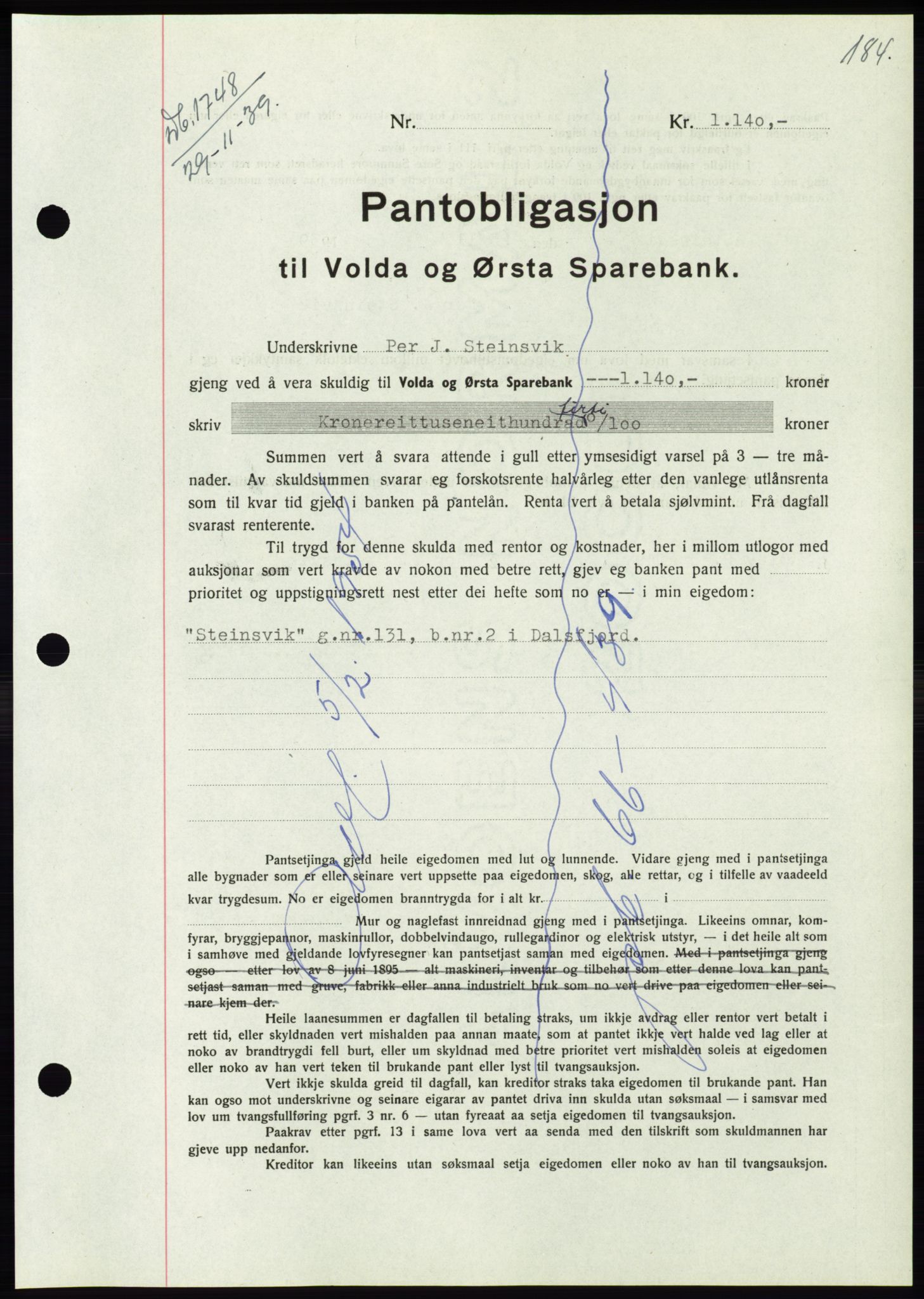 Søre Sunnmøre sorenskriveri, AV/SAT-A-4122/1/2/2C/L0069: Mortgage book no. 63, 1939-1940, Diary no: : 1748/1939