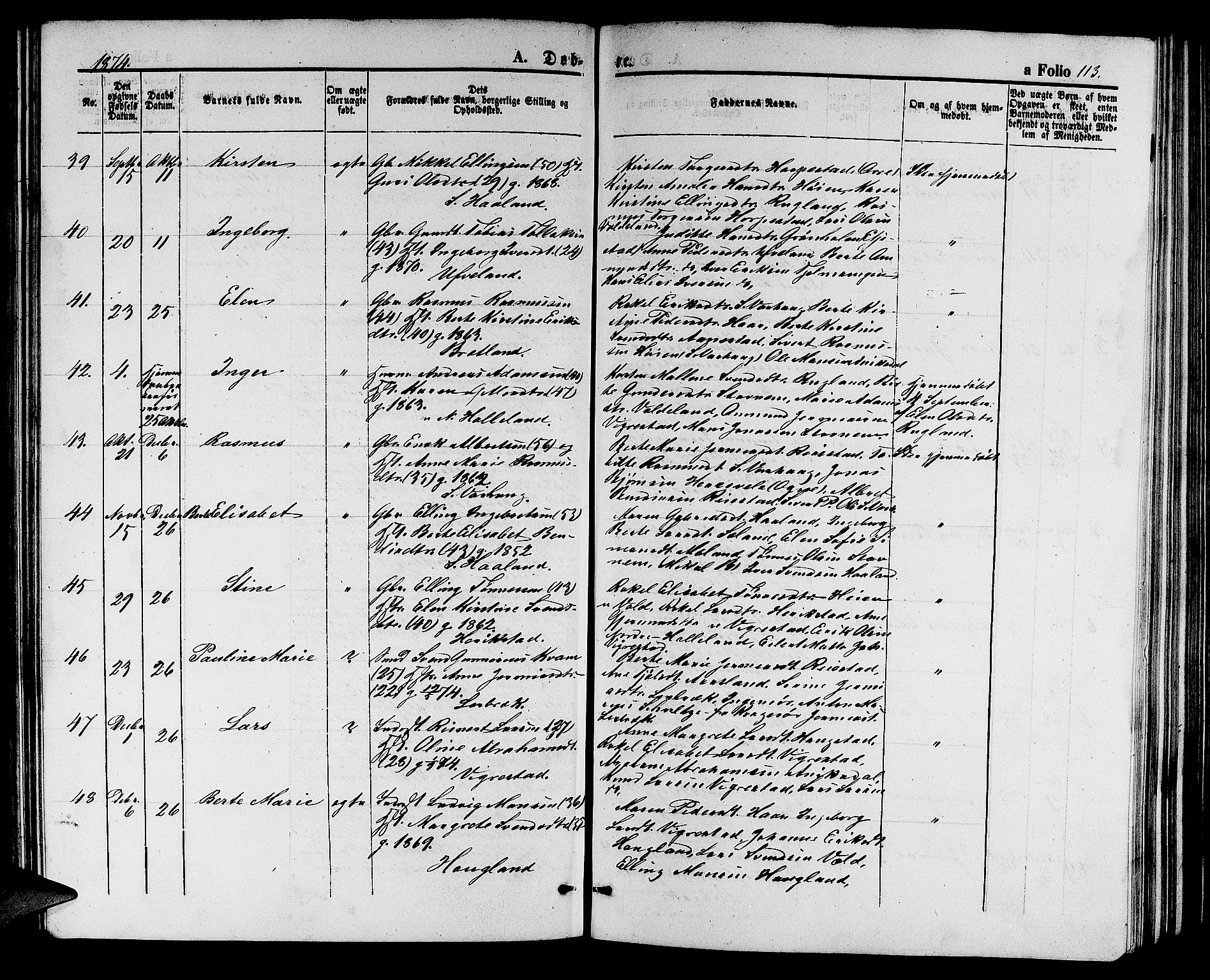 Hå sokneprestkontor, AV/SAST-A-101801/001/30BB/L0002: Parish register (copy) no. B 2, 1854-1883, p. 113
