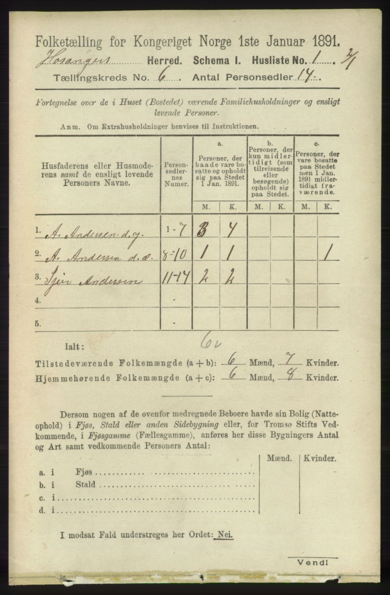 RA, 1891 census for 1253 Hosanger, 1891, p. 2096